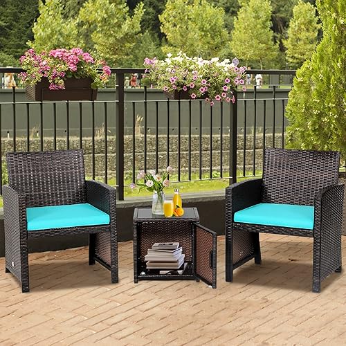 Miniatura 3 de COSTWAY 3PCS Patio Wicker Furniture Set Storage Table WProtect Cover Turquoise
