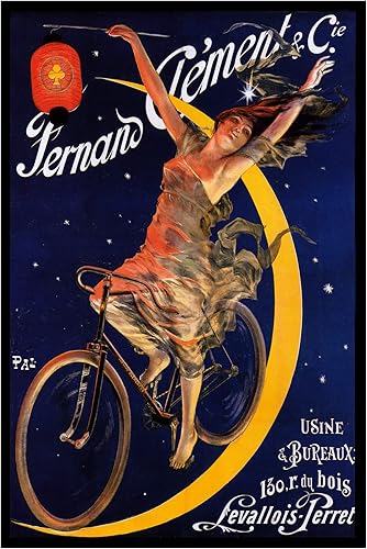 WONDERFULITEMS Fernand Clement Cycles Paris Woman Flying on Bicycle Starry Night Crescent Moon Bike Cycling French Image Size Póster vintage sobre