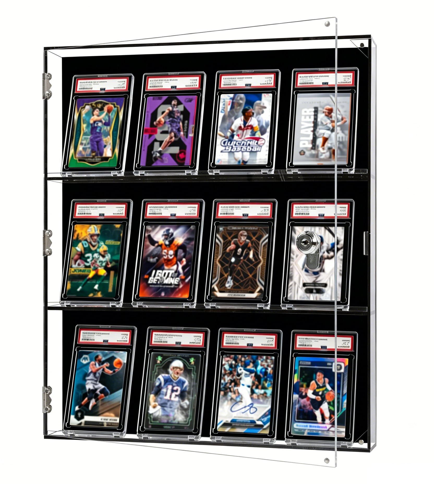 Vetrina per carte da baseball, 3 strati in acrilico, con chiusura a chiave, espositore per carte da collezione, con protezione UV, vetrina da parete per carte da baseball, carte da calcio, carte