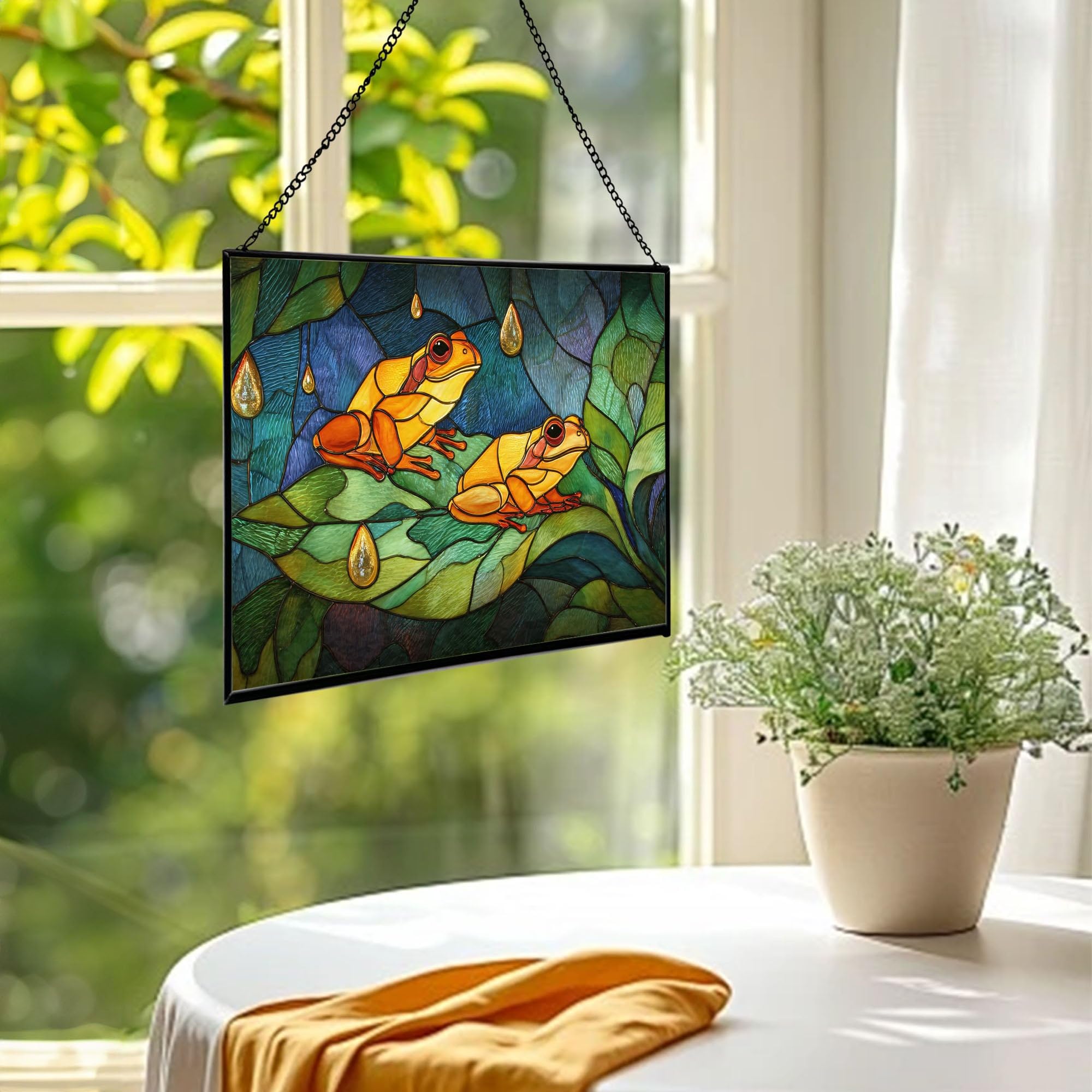 Colorful Frogs on Rainy Leaf Rectangular Stained Glass Suncatcher – Hanging Window Panel with Animal & Nature Scene – Vibrant Glass Art Gift for Wildlife, Fantasy, Nature Lovers oRB7wY
