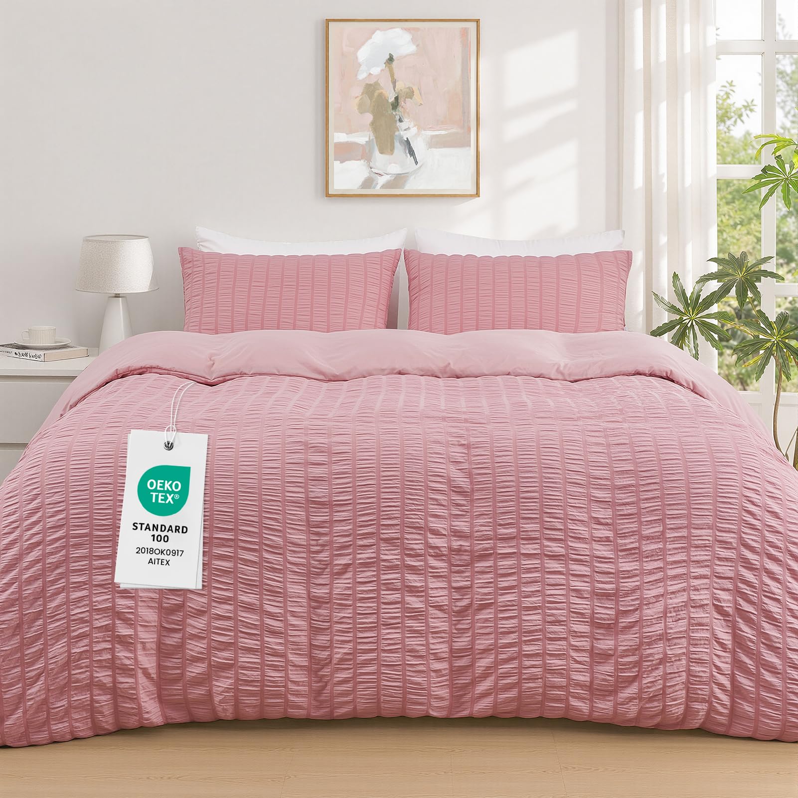 Duvetnova Pink Double Duvet Sets Seersucker Bedding Set OEKO-TEX Soft Breathable Microfiber with Zipper Closure All Season 200x200cm with 2 Pillow Cases