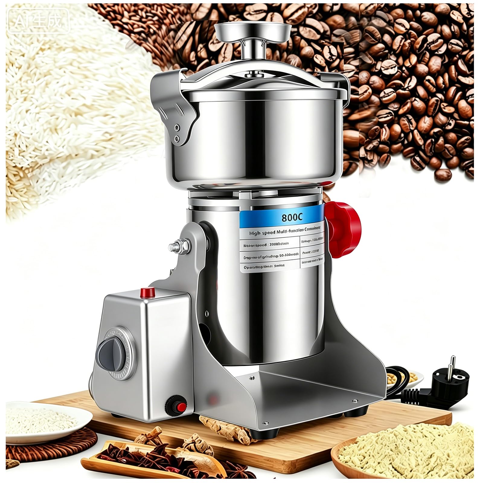 Tragbare Getreidemühle, Elektrische Edelstahl Gewürzmühle, 3500W – 304 Edelstahl, 800g Kapazität, Hochdruck-Spiraldeckel, Überlastschutz – zum Mahlen von Kräutern, Gewürzen, Nüssen & Getreide (220V)