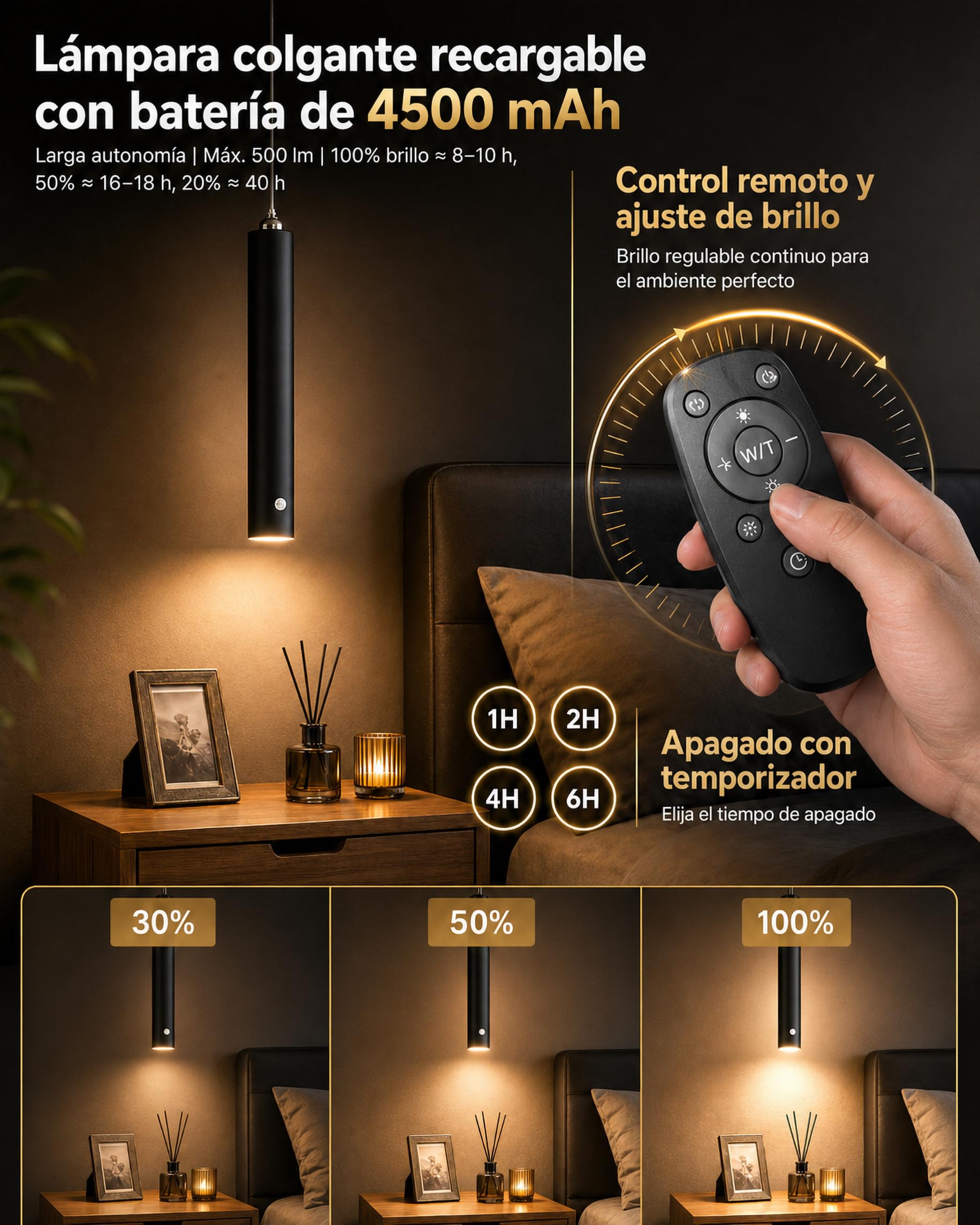 ACMHNC Lámpara Colgante con Bateria, Lámpara de Techo Colgante sin cable Moderno, 4500mAh Recargable USB, Mando a Distancia, Altura Regulable, Lamparas a Pilas Negro Para Cocina Dormitorio,Ø4x30cm