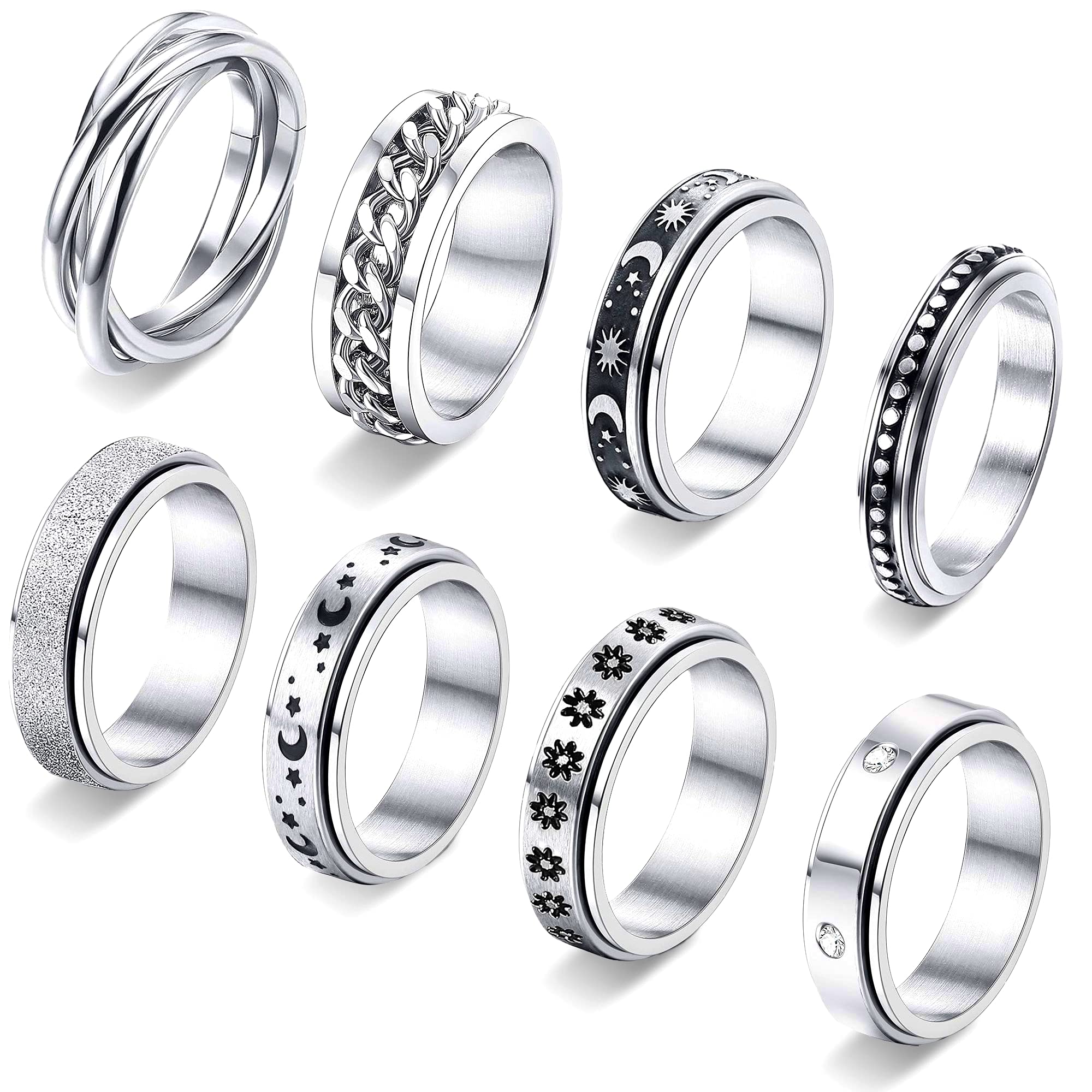 Paffartt8PCS Anxiety Ring for Women Spinner Relief Stainless Steel Relieving Stress Moon Star Sand Blast Finish Fidget Toy Set