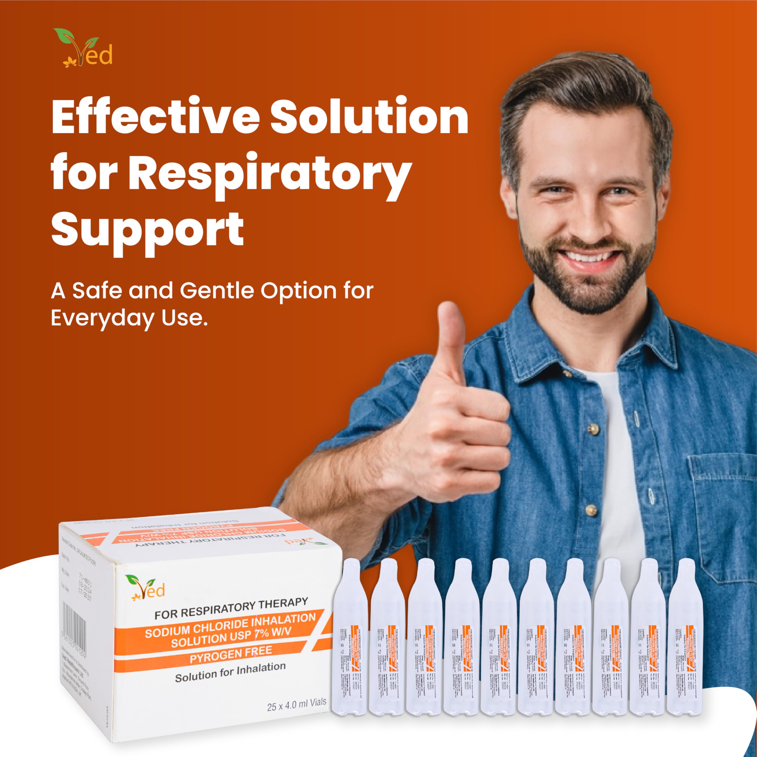 Solución salina hipertónica para inhalación VED, cloruro de sodio (NaCl) al 7%, 25 viales de dosis unitaria de 4,0 ml para adultos y niños.