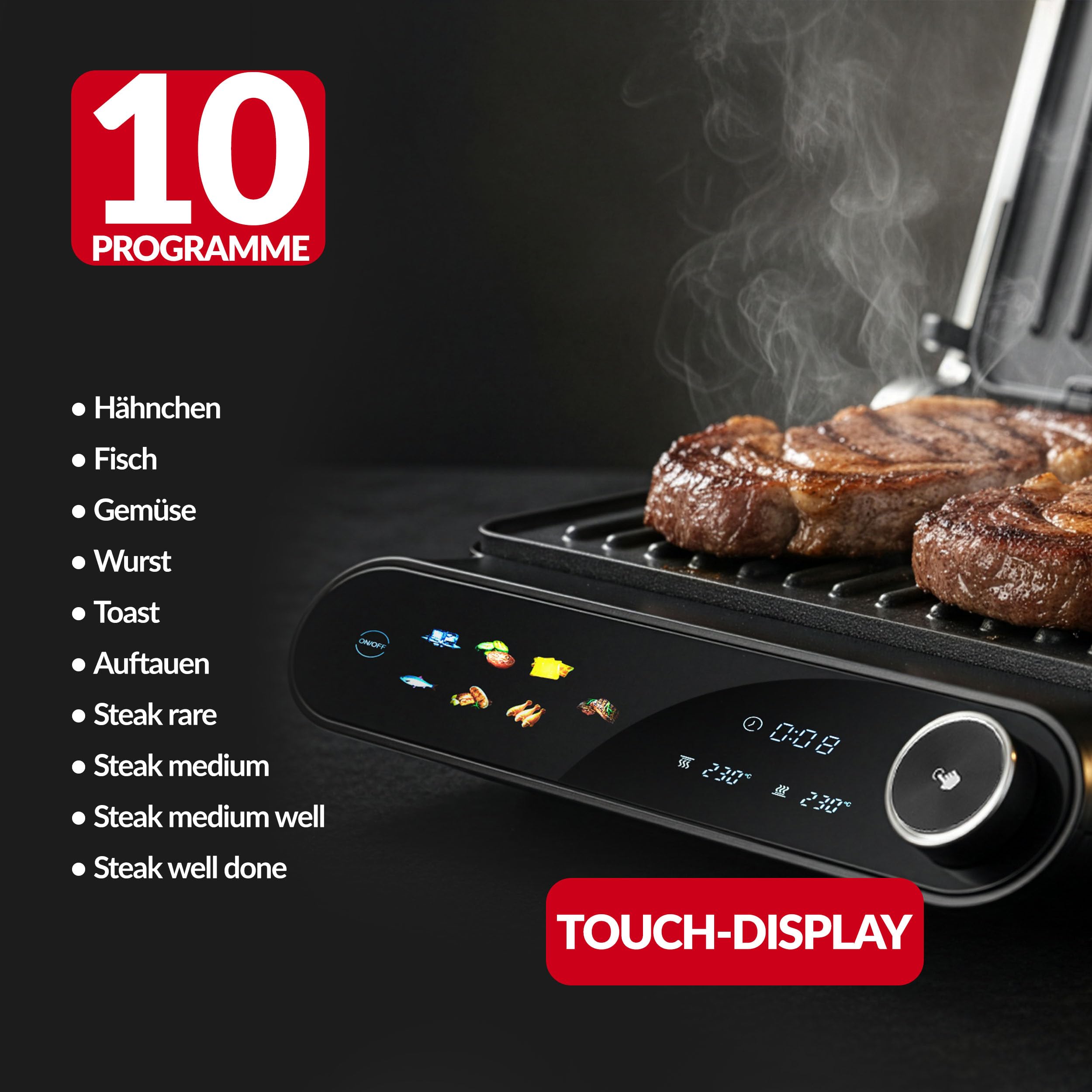 LEHMANN Kontaktgrill, 2200 W, Tischgrill 180° aufklappbar - Grillfläche bis 1320 cm², Abnehmbare Antihaftplatten, Touchscreen, 10 Automatikprogramme & Temperaturregelung 90-230°C/Timer 1-240 min