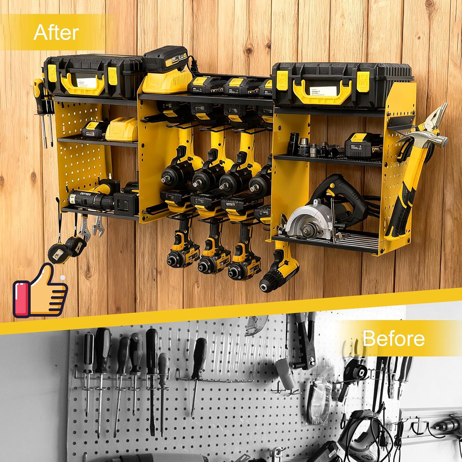 Power Tool Organizer Wall Mount with Charging Station, Heavy Duty Metal Cordless Drill Holder, Garage Tool Storage Battery Rack with 8 Outlet, Gift for Men Husband Dad Birthday Anniversary Yellow
