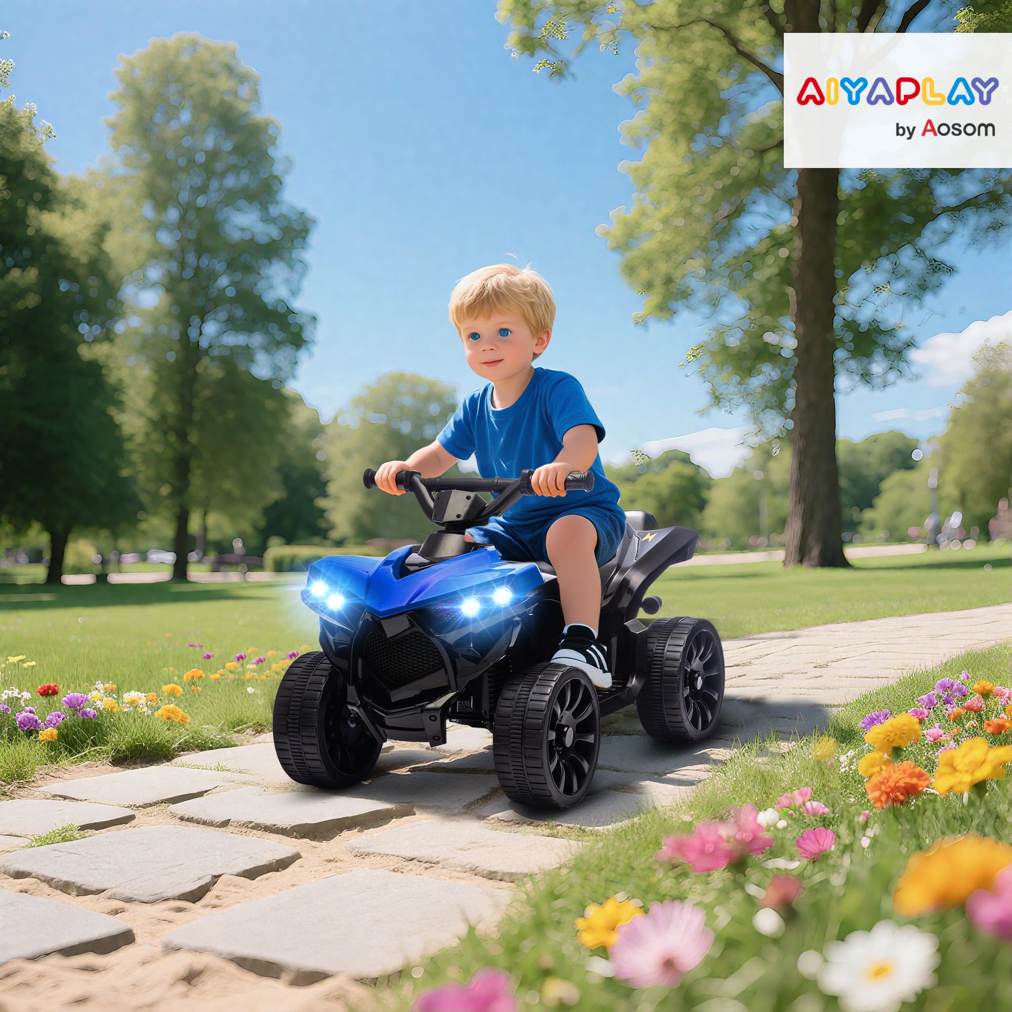 AIYAPLAY Quad Électrique Enfant 6V Musique LED 4 Roues 18-56 Mois Bleu