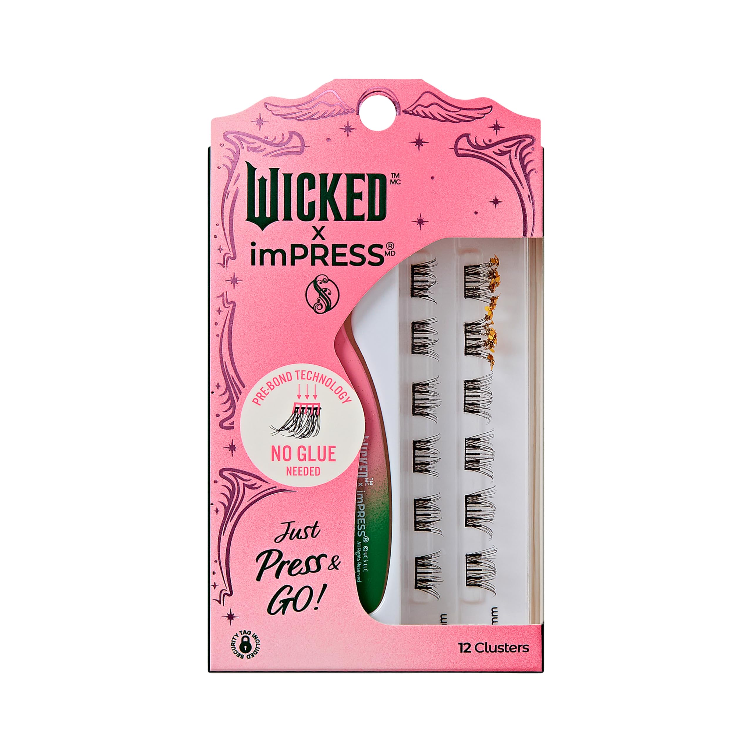 WICKED X imPRESS Press On Self Adhesive Eyelashes, ‘Magic Unleashed’, 8mm-10mm Natural Volume Press On Lashes, Gold Glitter, No Glue Needed, 12 Lash