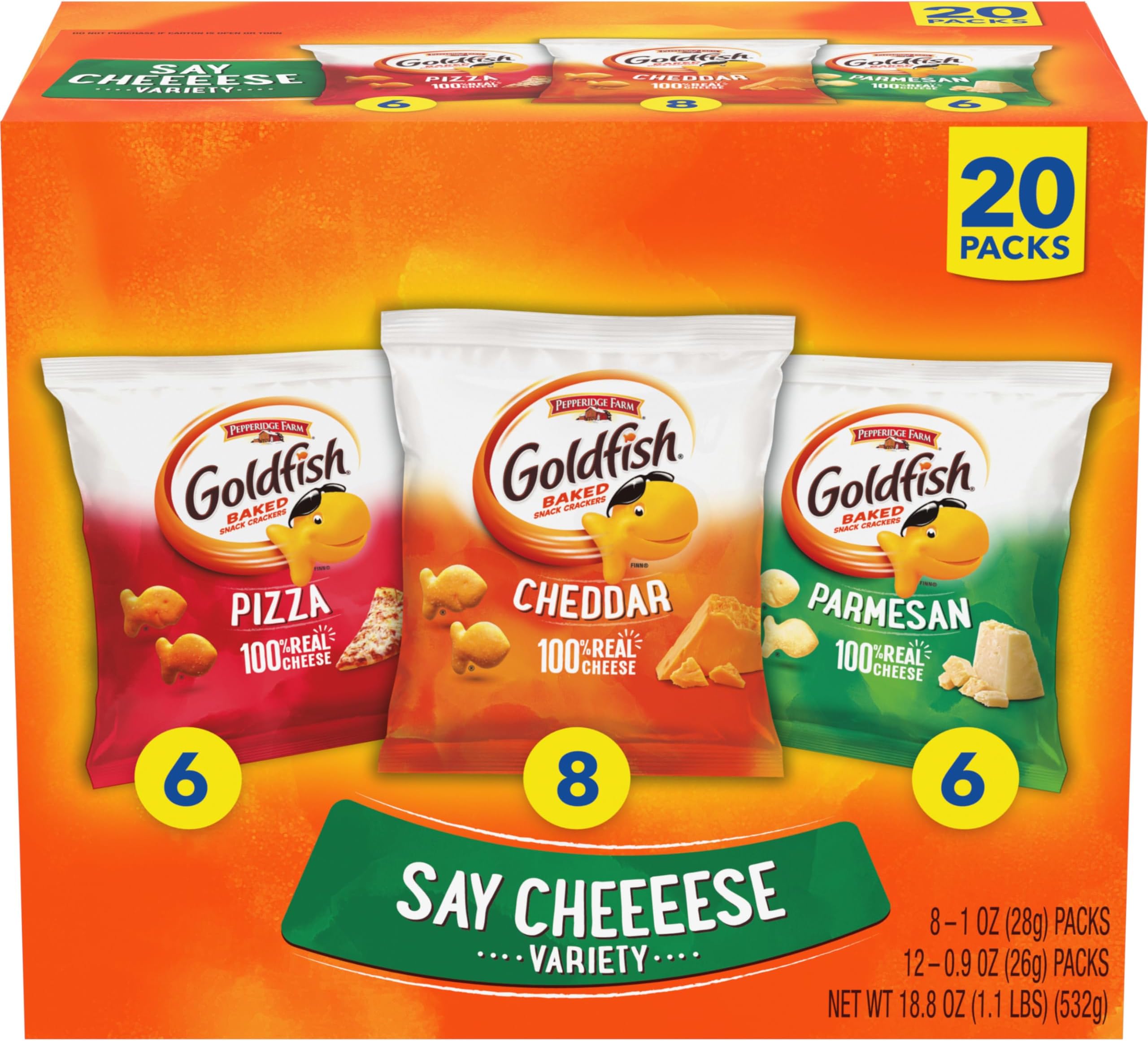 KUKIUBK Goldfish Crackers Say Cheeeese Variety with Cheddar, Pizza and Parmesan, 20 Snack Packs