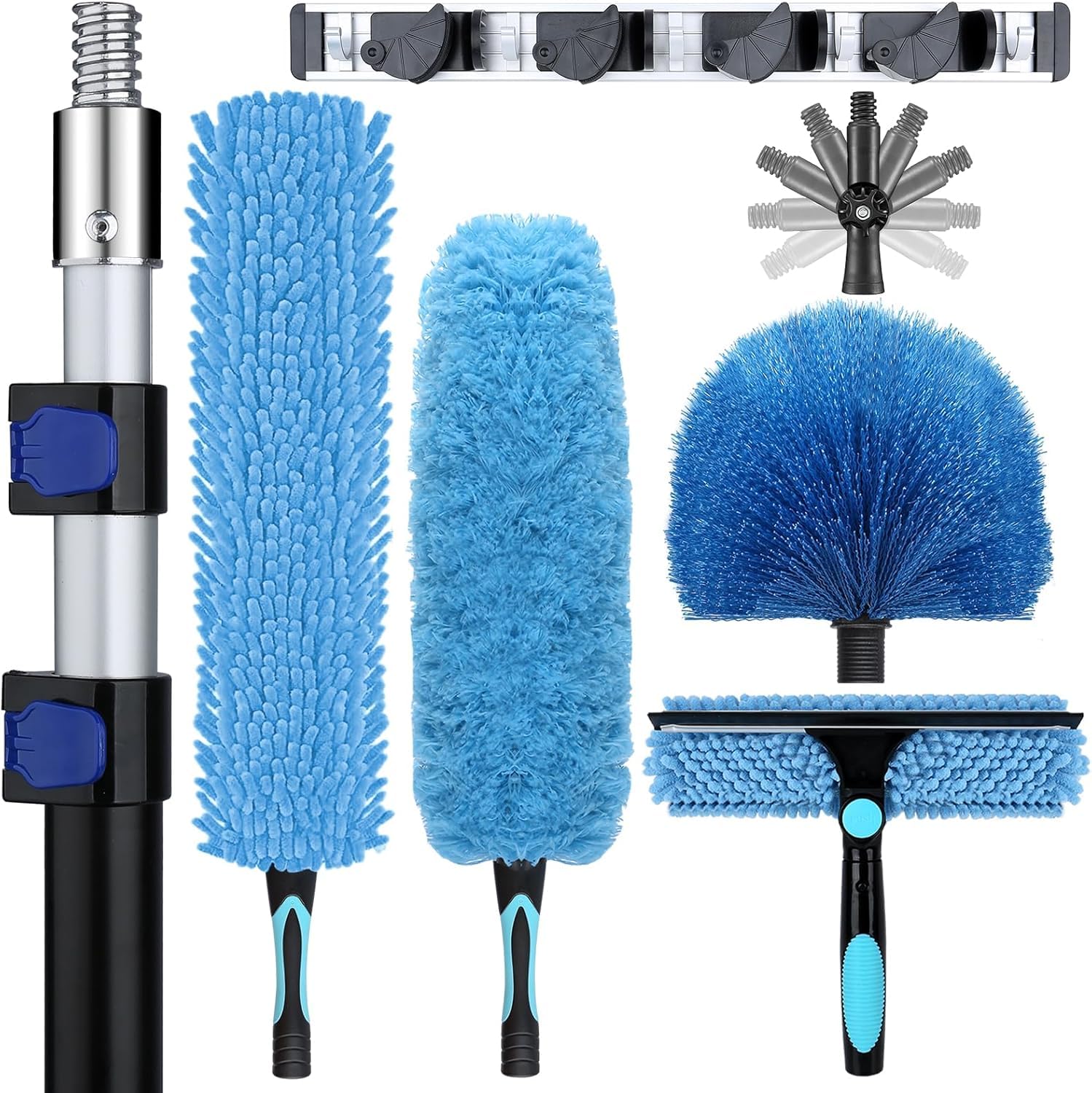 20ft high ceiling duster kits with 5-12ft heavy duty extension pole - fan blade cleaner, cobweb remover & blue window squeegee kit, washable dust brush for high roof and glass surfaces