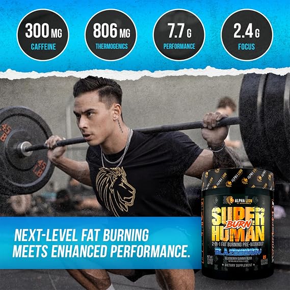 ALPHA LION Superhuman Burn 2 in 1 Metabolism Booster Pre Workout and Thermogenic Fat Burner for Men Appetite Suppressant and Weight Loss Supplement (21 Servings, Blue Gummy Bear Flavor)