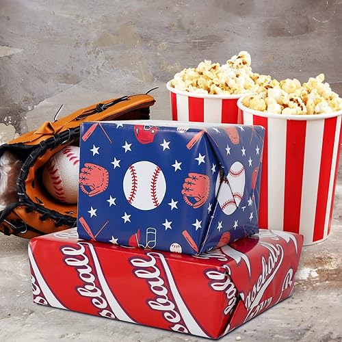 Miniatura 6 de AnyDesign Papel de regalo de béisbol de 12 hojas de papel de regalo deportivo, papel de arte plegado a granel, plano para béisbol, fiesta de