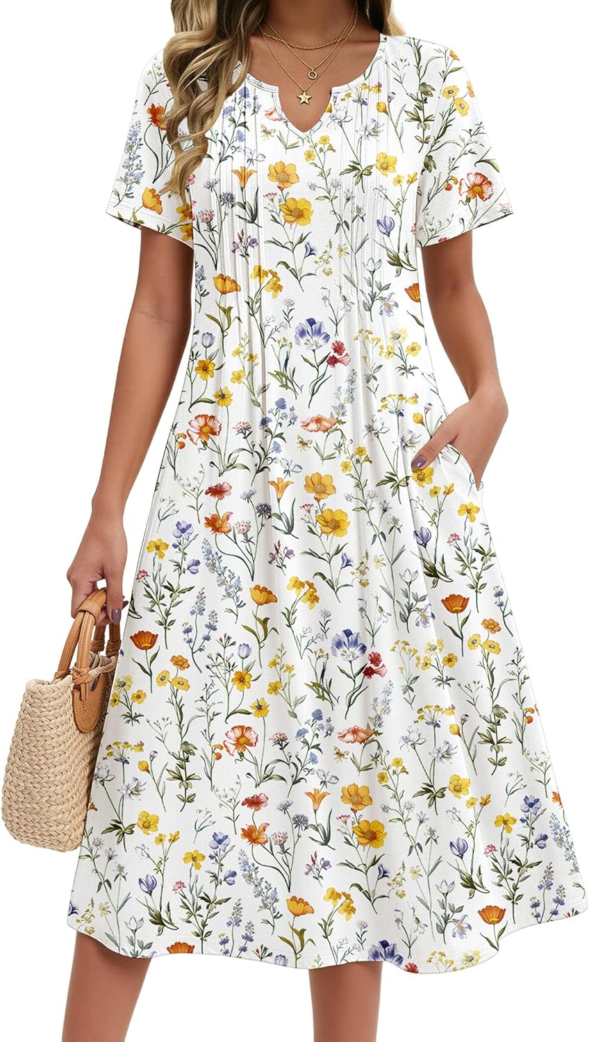 Zeagoo Summer Dresses for Women 2026 Casual Short Sleeve Aline Midi Dress with Pocket Flowy Pleated Tshirt Beach Sundress - Image 2