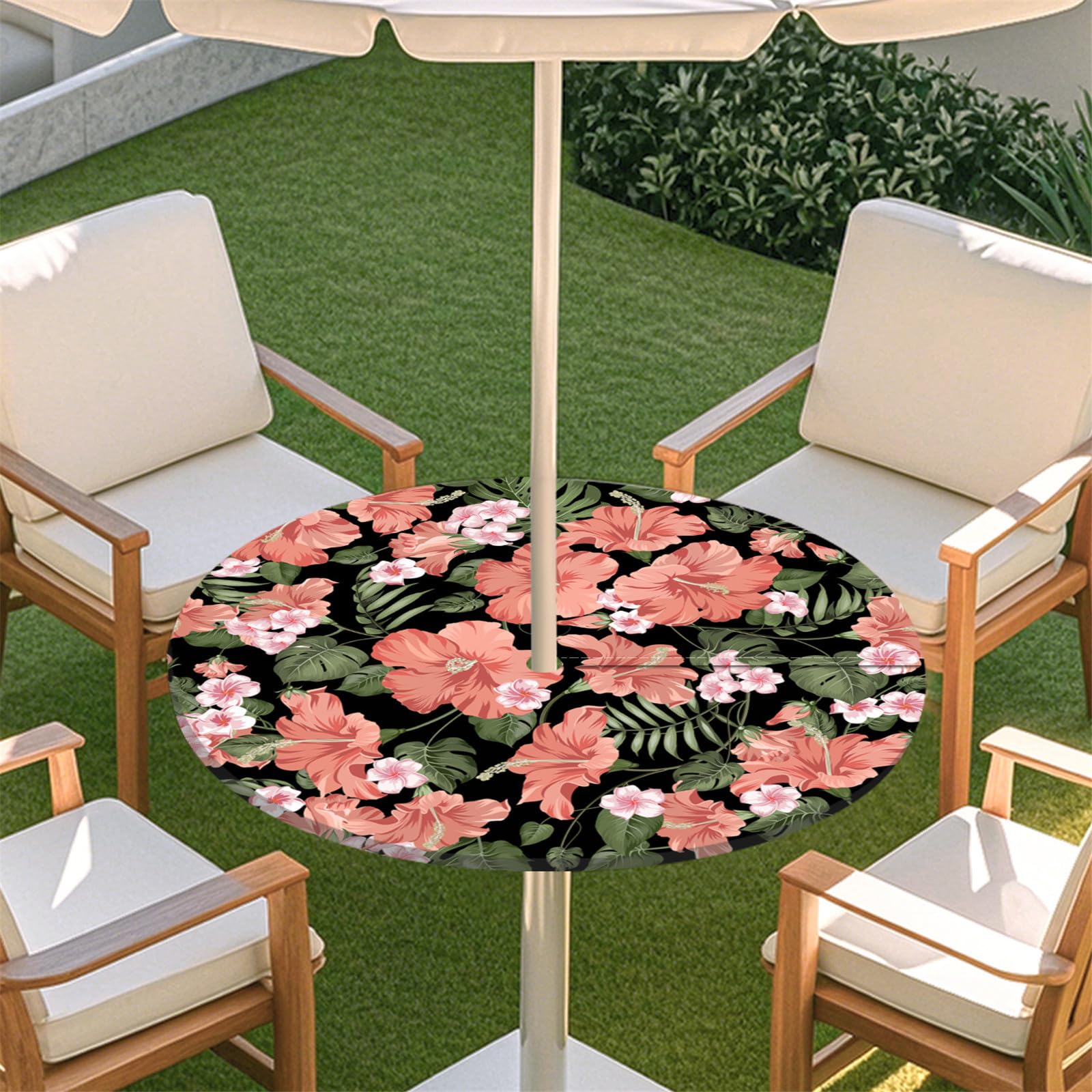 Odot Outdoor Round Tablecloth with Parasol Hole and Zipper, 3D Elegant Elastic Edge Round Fitted Tablecloth Protector Waterproof Wipe Clean Table Cover for Garden, BBQ, Party (Plant,M:91-112cm)