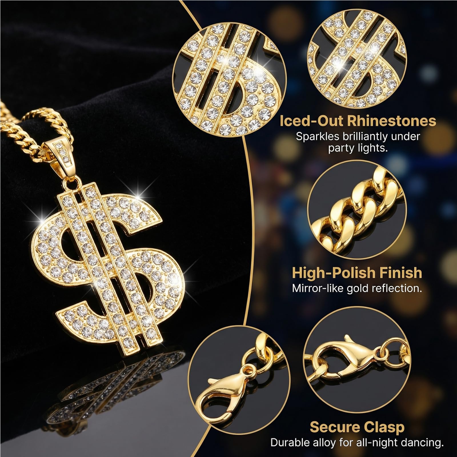 Qwrqwr Rapper Hippie Costume Accessories Gold Digger costume with King of Disco Gold Money Chain Songs Sunglasses Hippie Bracelet and Rings 80s Fancy Dress for Men Women Carnival Party (B) - Image 3