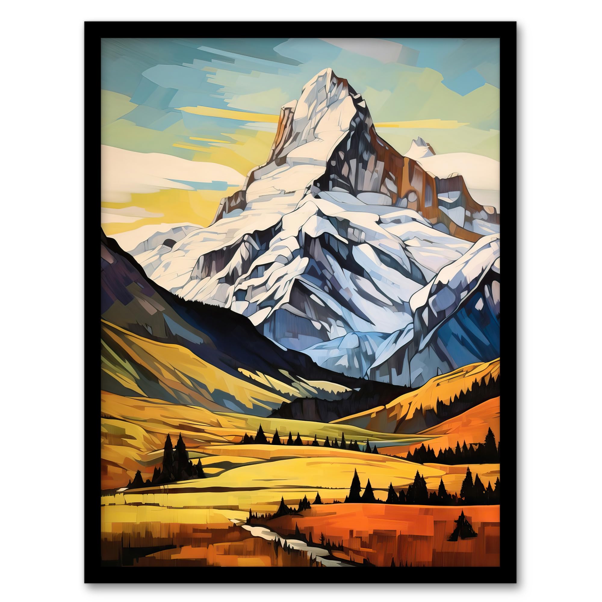 Artery8 Swiss Alps Switzerland Oil Painting Snow Capped Peaks Over Idyllic Alpine Meadow Artwork Framed Wall Art Print A4