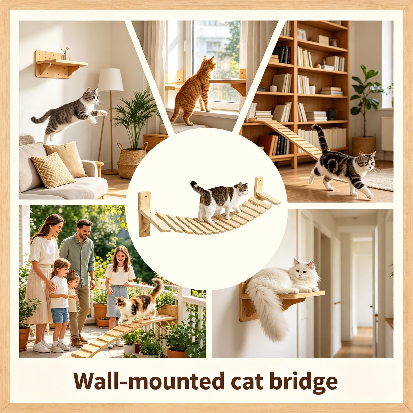Wooden Cat Wall Shelf with Hanging Bridge for Indoor Kittens and Cats