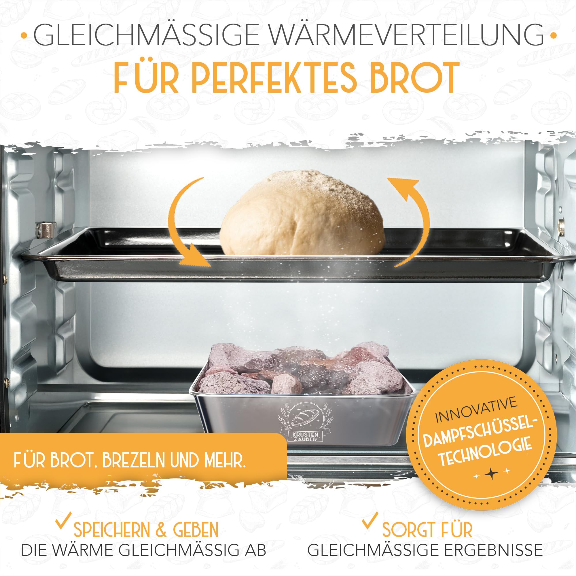 KRUSTENZAUBER Four en pierre de lave pour la cuisson du pain avec bol vapeur en acier inoxydable pour une répartition optimale de la chaleur grâce à la vapeur d'eau naturelle, accessoires de cuisson