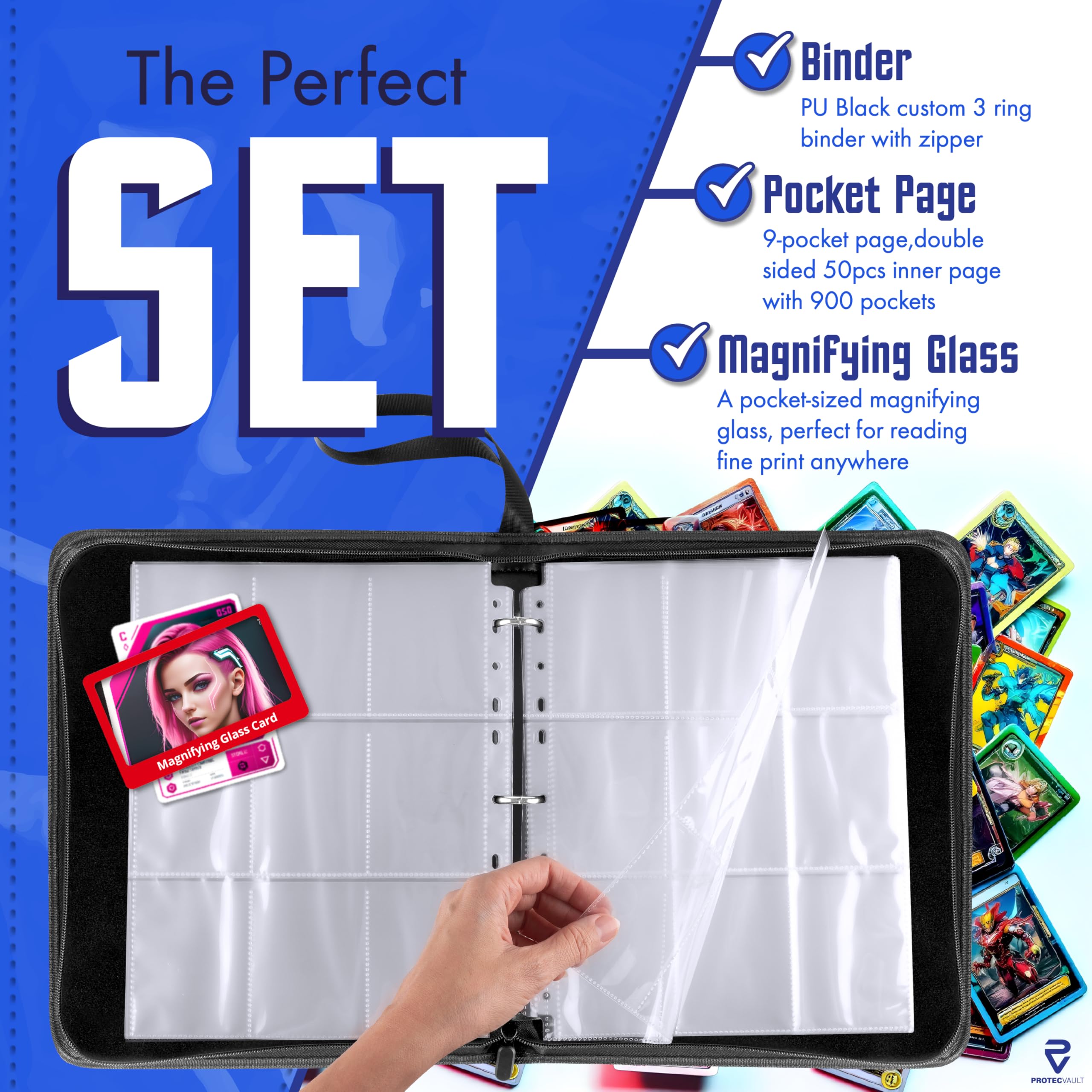 Amazon.com: Pokemon Card Binder 900 Pocket with Magnifying Glass - Trading  Card Storage Album Zipper 3 Ring for MTG Sports Cards TCG