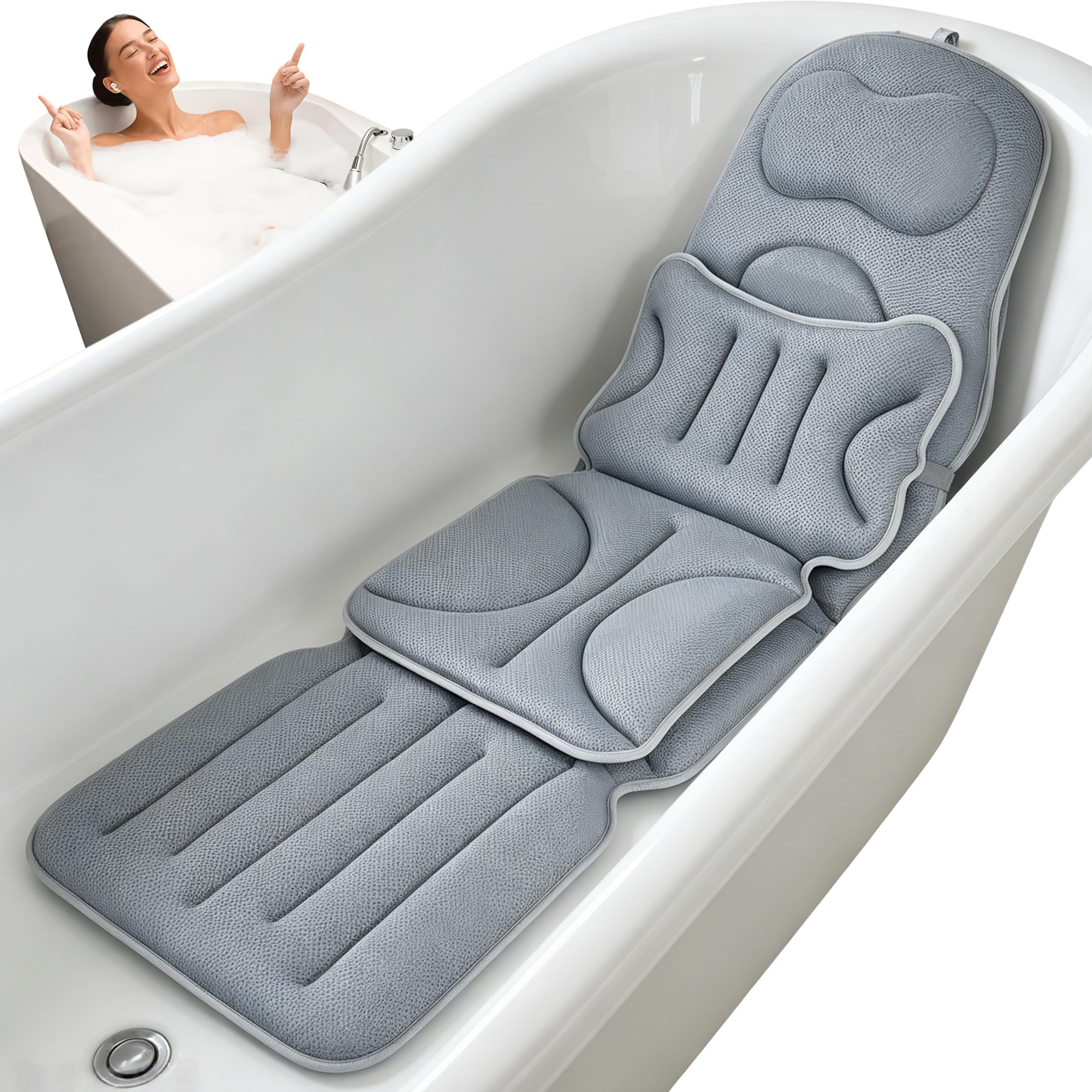 Ganzkörper Badewannenkissen für die Badewanne, Sprudelmatte Badewanne mit Kopfstütze und Lendenwirbelstütze, Badesofa Badewannenkissen mit SaugnäPfen und Hängehaken (Grau)