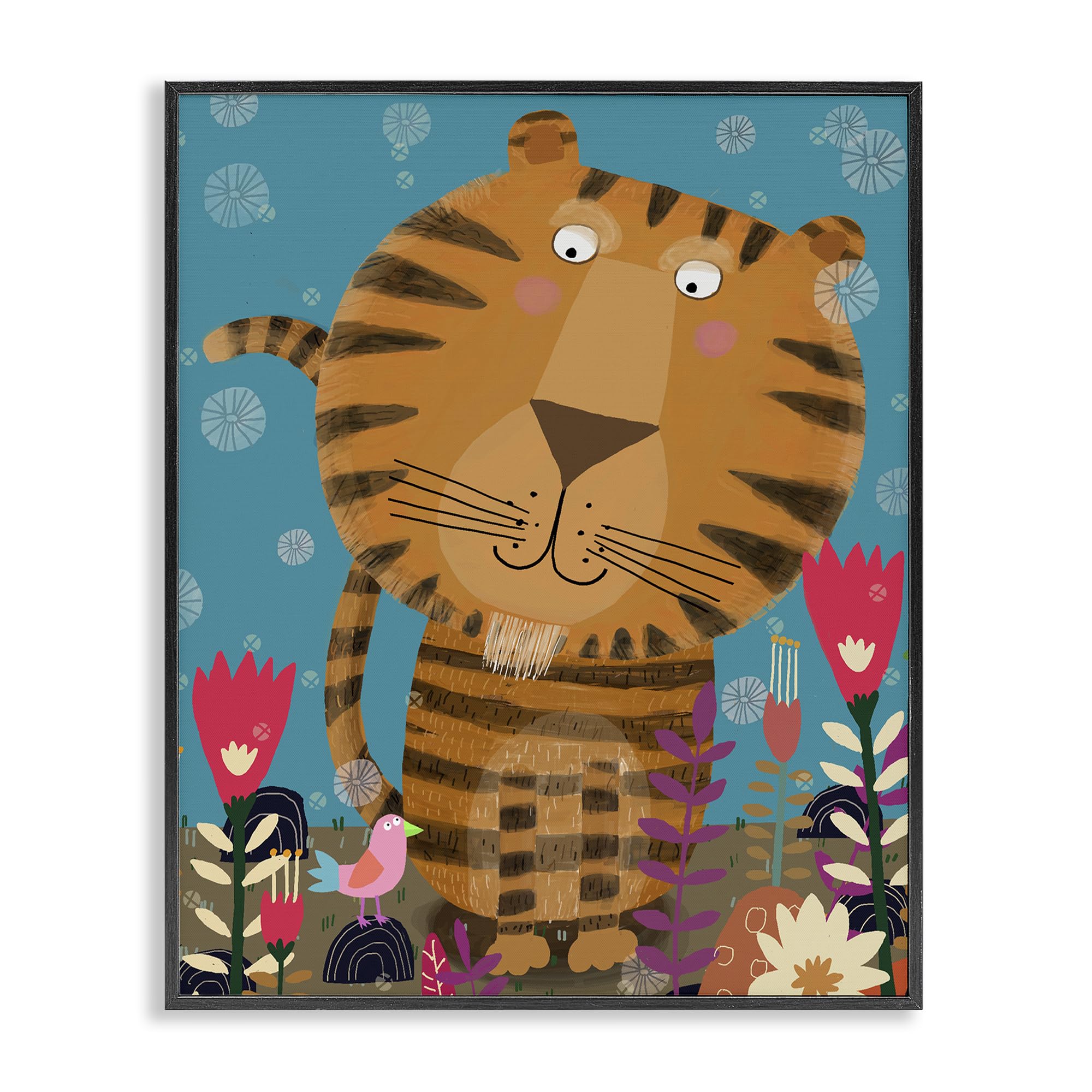 Stupell Industries Midnight Black (Textured) Boho Tiger Flowers Playful Jungle, 24 X 30 Inch Framed Giclée Print