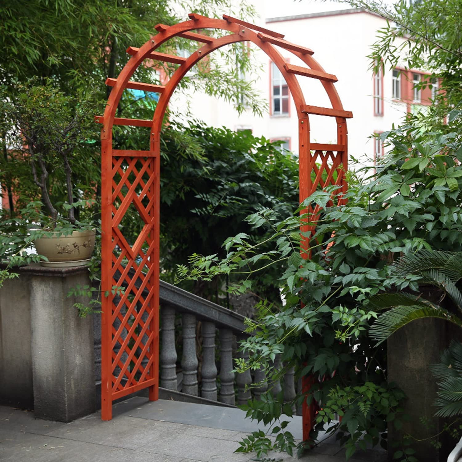 Drewniany łuk ogrodowy, pergola, altanka, do roślin pnących, duża, zewnętrzna krata, altanka, wsparcie dla róż, dekoracja ślubna, pomarańczowa, 140 x 225 cm, rustykalny drewniany łuk ogrodowy, pergola