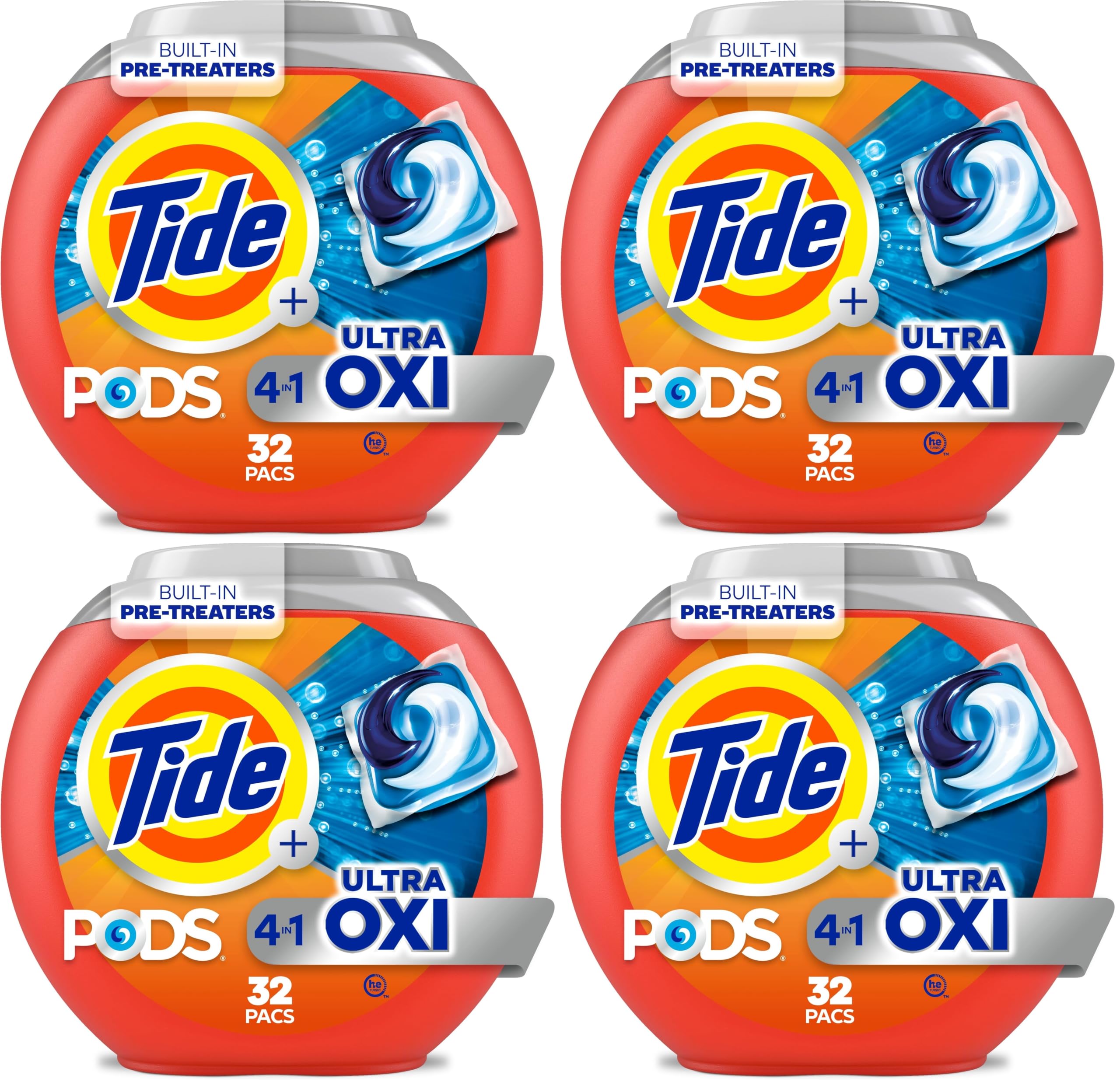Tide, 4-n-1 Ultra Oxi Pods Laundry Detergent Pacs, HE Compatible, Built in Pre-Treater for Stains, 32 Count (Pack of 4)