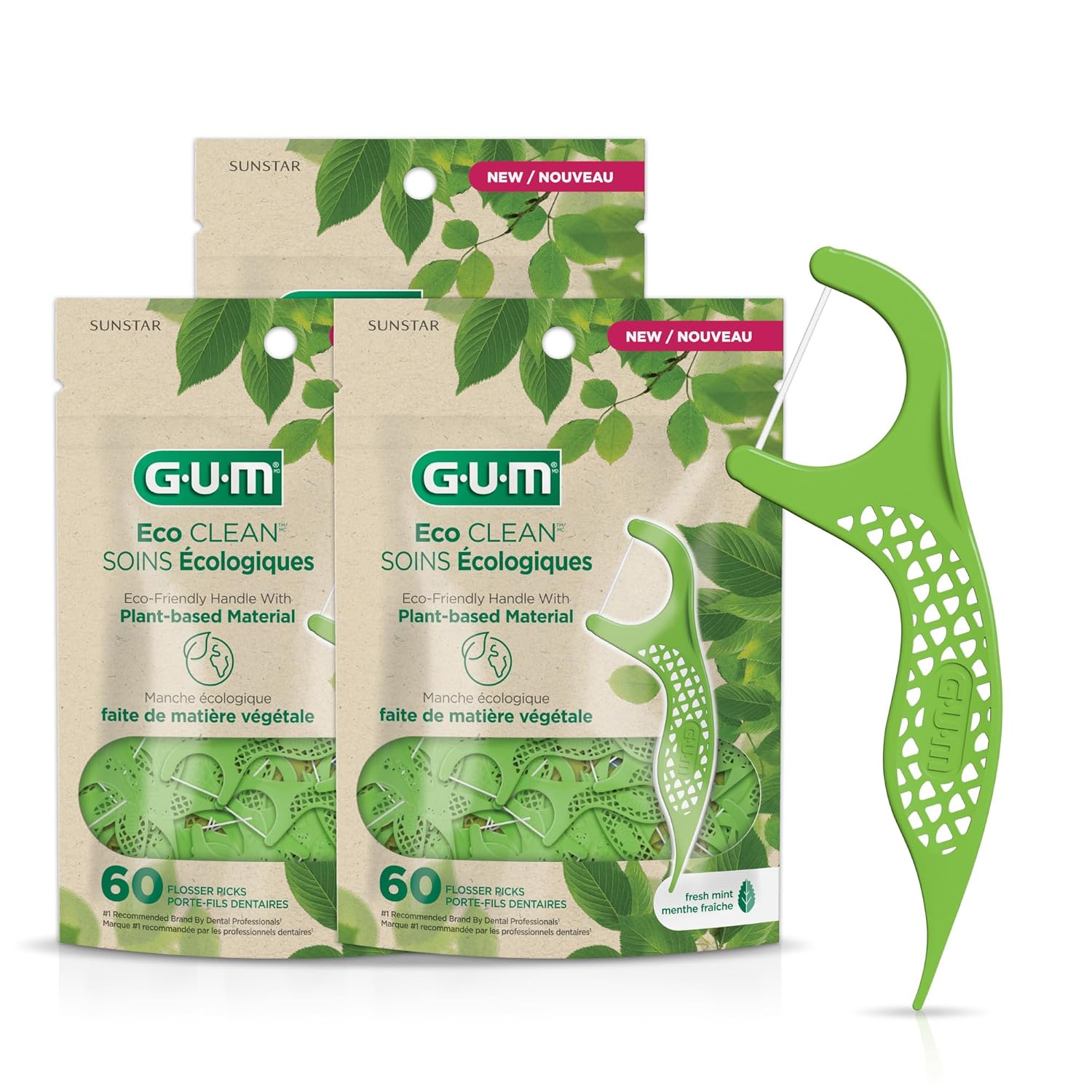GUM Eco Clean Flosser Picks Promotes Healthier Gums Fresh Mint Flavor Green 60 Count Pack of 3