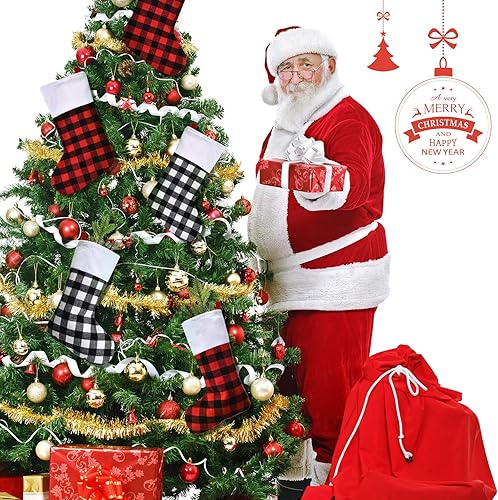 Miniatura 3 de Skylety 6 medias de Navidad de 15 pulgadas, medias clásicas para colgar en la chimenea, para decoración familiar de fiesta de Navidad (rojo, negro y