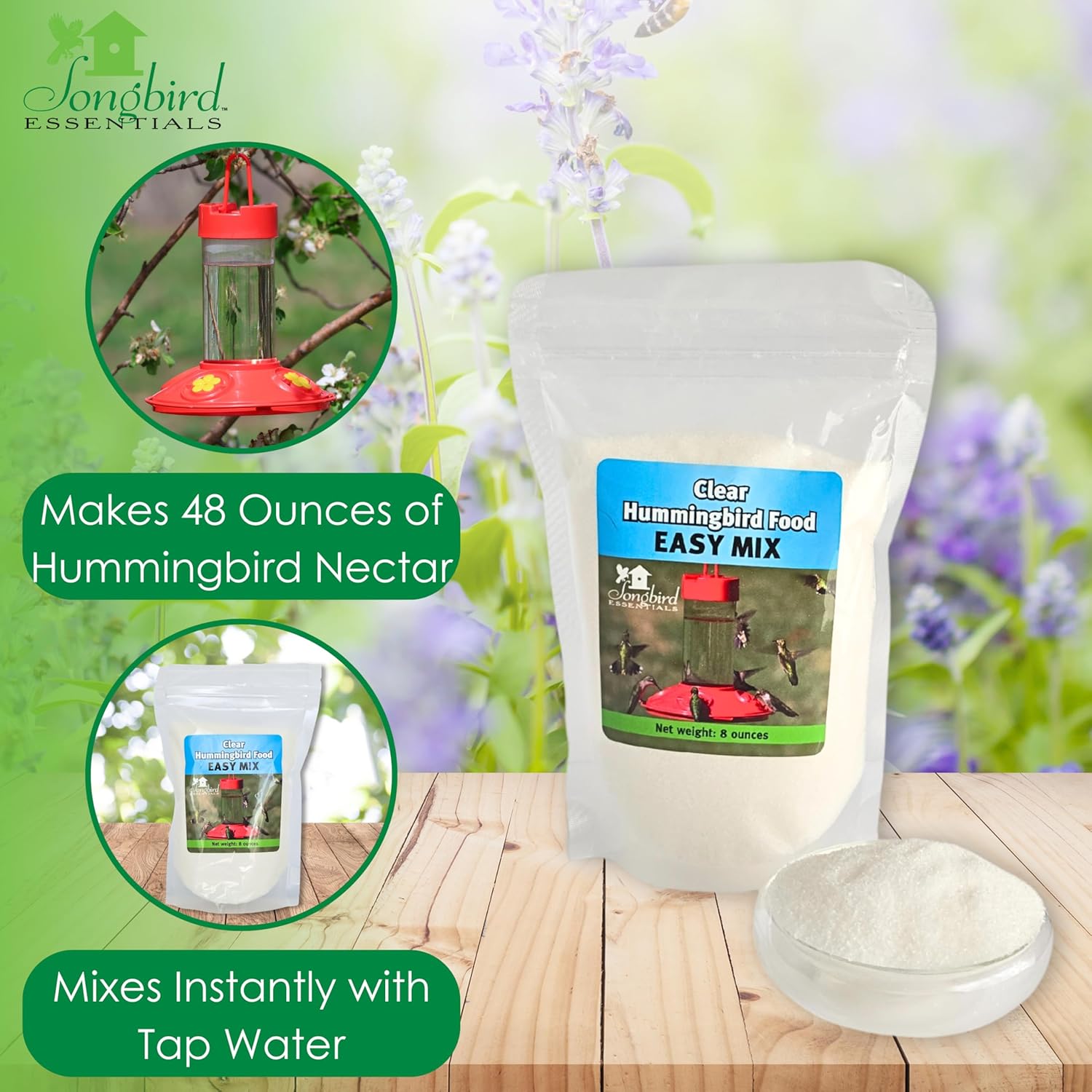 Songbird Essentials Clear Nectar Mix - 8 Ounce Dry Concentrate Makes 48 Ounces - No Boil, All Natural, No Dyes or Sweeteners - Made in USA - Attracts Orioles & Hummingbirds [Pack of 3]