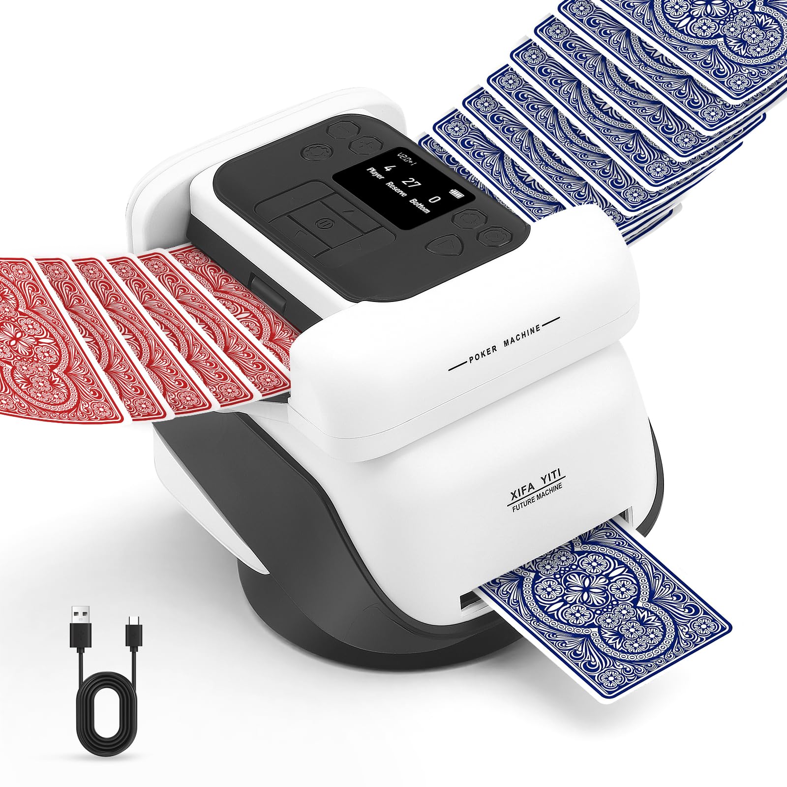 Mélangeur de cartes automatique 2-en-1 et machine à distribuer pour 2-8 joueurs, rotation à 360 degrés, dés intégrés, batterie 5000mAh, 5 modes de jeu pour Texas Hold'em et Blackjack (2-EN-1
