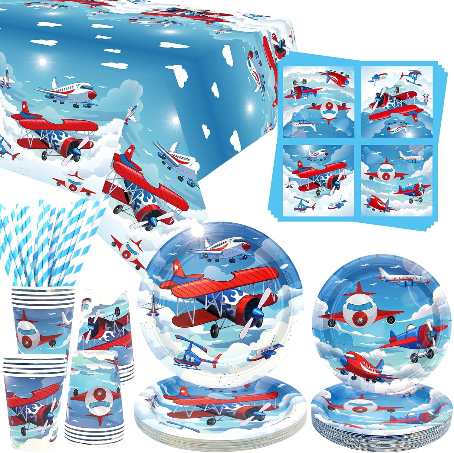 Airplane Party Tableware - Dinner Plates, Desserts Plates, Cups, Napkins, Tablecover, Straws for Plane Theme Party, Baby Shower Supplies - Serves 20 (20)