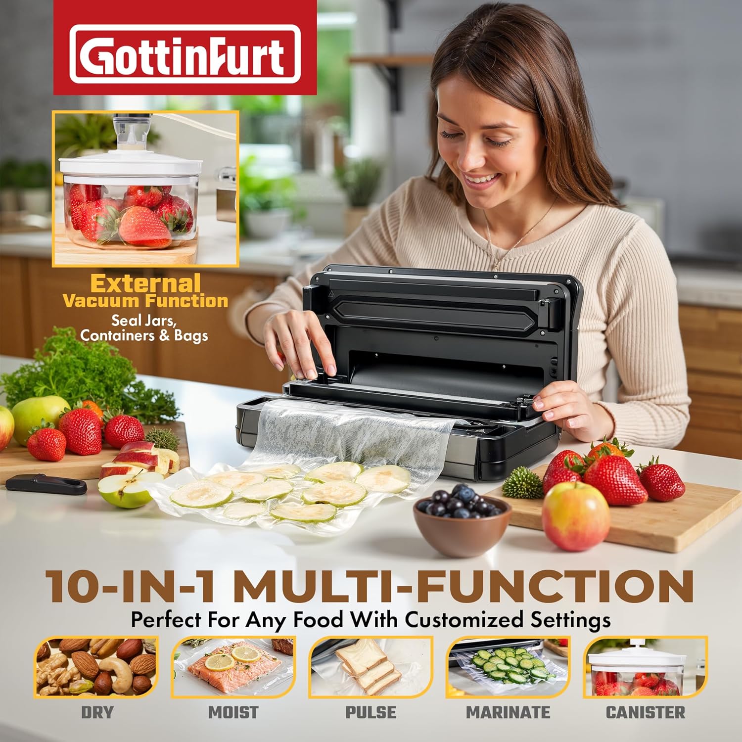 2025 Upgraded 95Kpa Vacuum Sealer Machine, 10-in-1 Pro Food Vacuum Sealer with Bags & Roll, Food Saver Vacuum Sealer with 130W Dual Pump Motor, Double Heat Seal, Built-in Cutter & External Hose