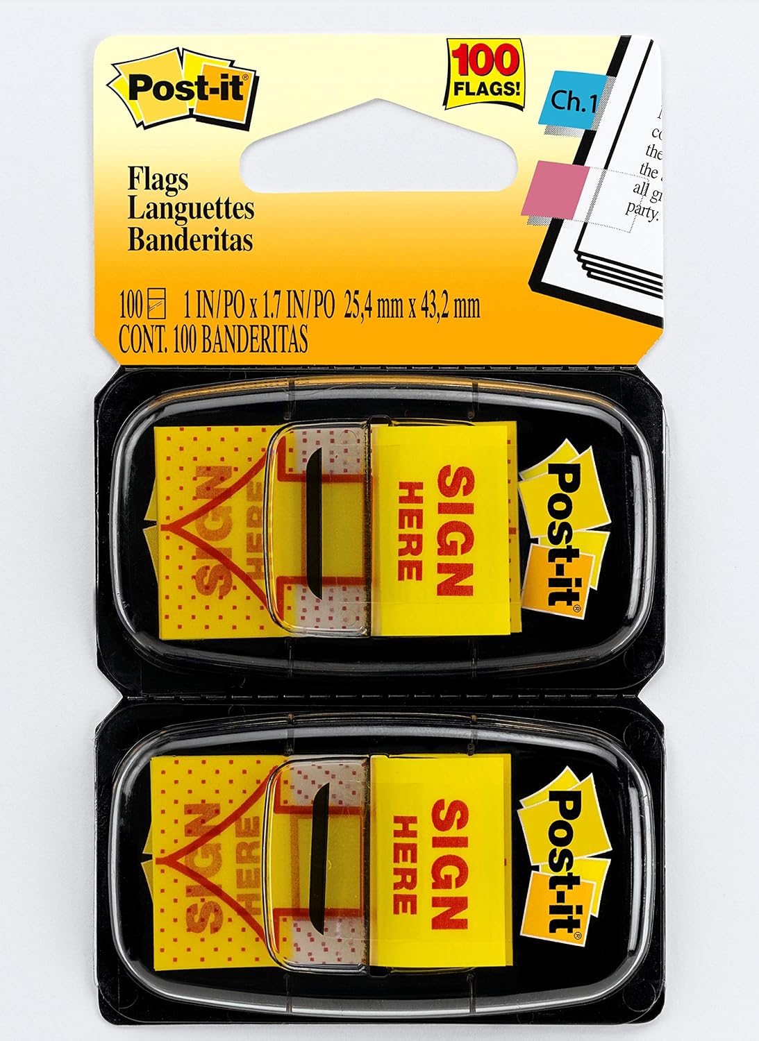 Post-it Message Flags, "Sign Here", 50/Dispenser, 2 Dispensers/Pack, 1 in Wide, Yellow (680-SH2)