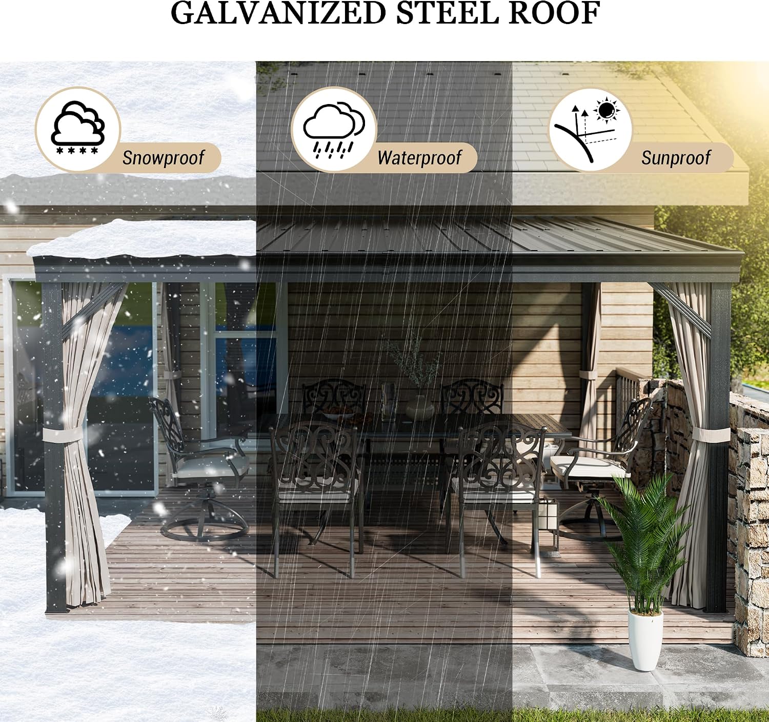12x14FT Wall Mounted Gazebo Aluminum Frame Lean to Gazebo with Sloping Roof Outdoor Hardtop Pergola Awnings with Curtains and Netting, Galvanized Steel Roof for Patio, Deck, Backyard