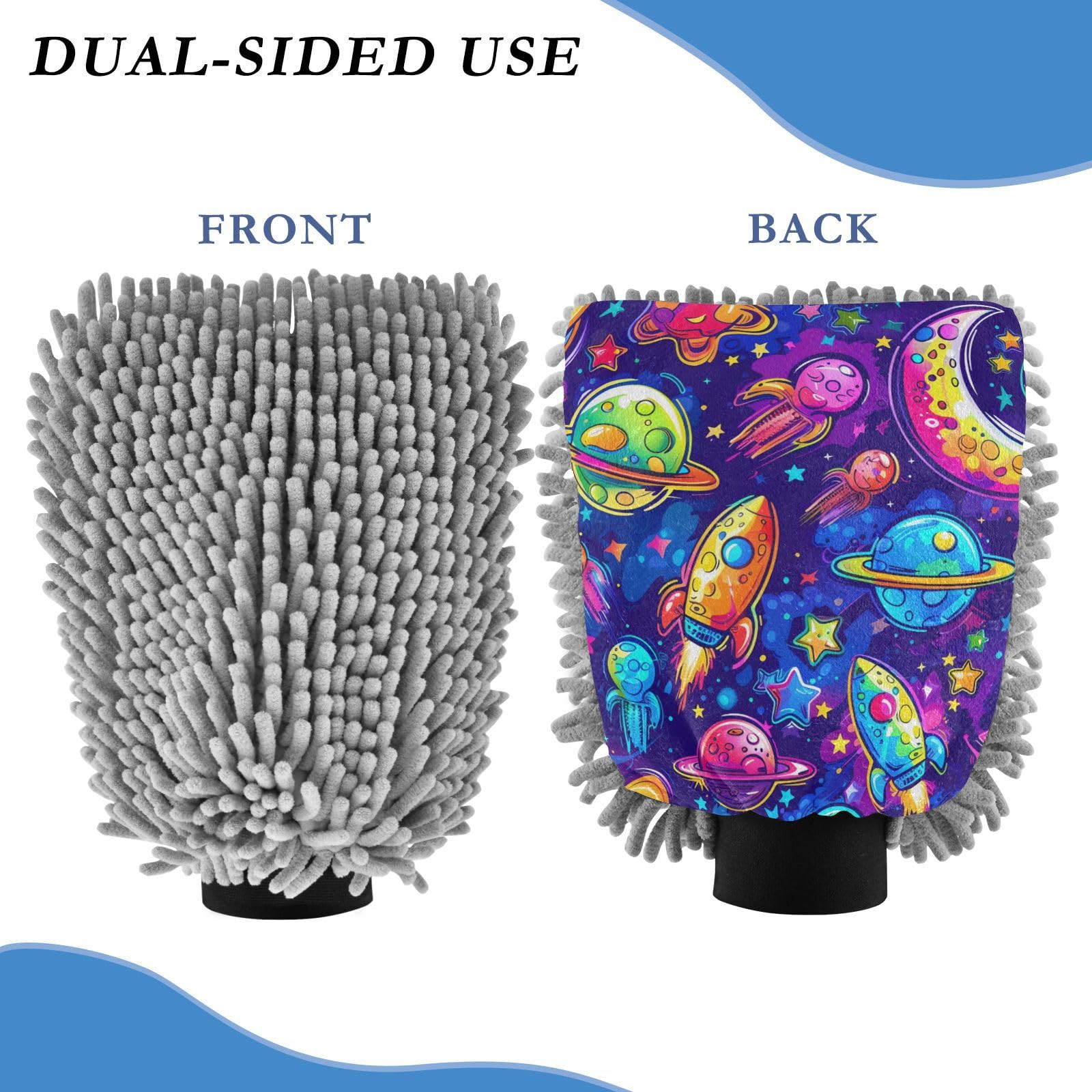 IOACIY Absorbent Microfiber Car Wash Drying Mitts, 2 Pack, Scratch-Free & Lint-Free, Rich Foam, Highly Absorbent, Double Sided, Wash Mitt Perfect for Car Washing, L, Universe Starry Sky Rocket (8)