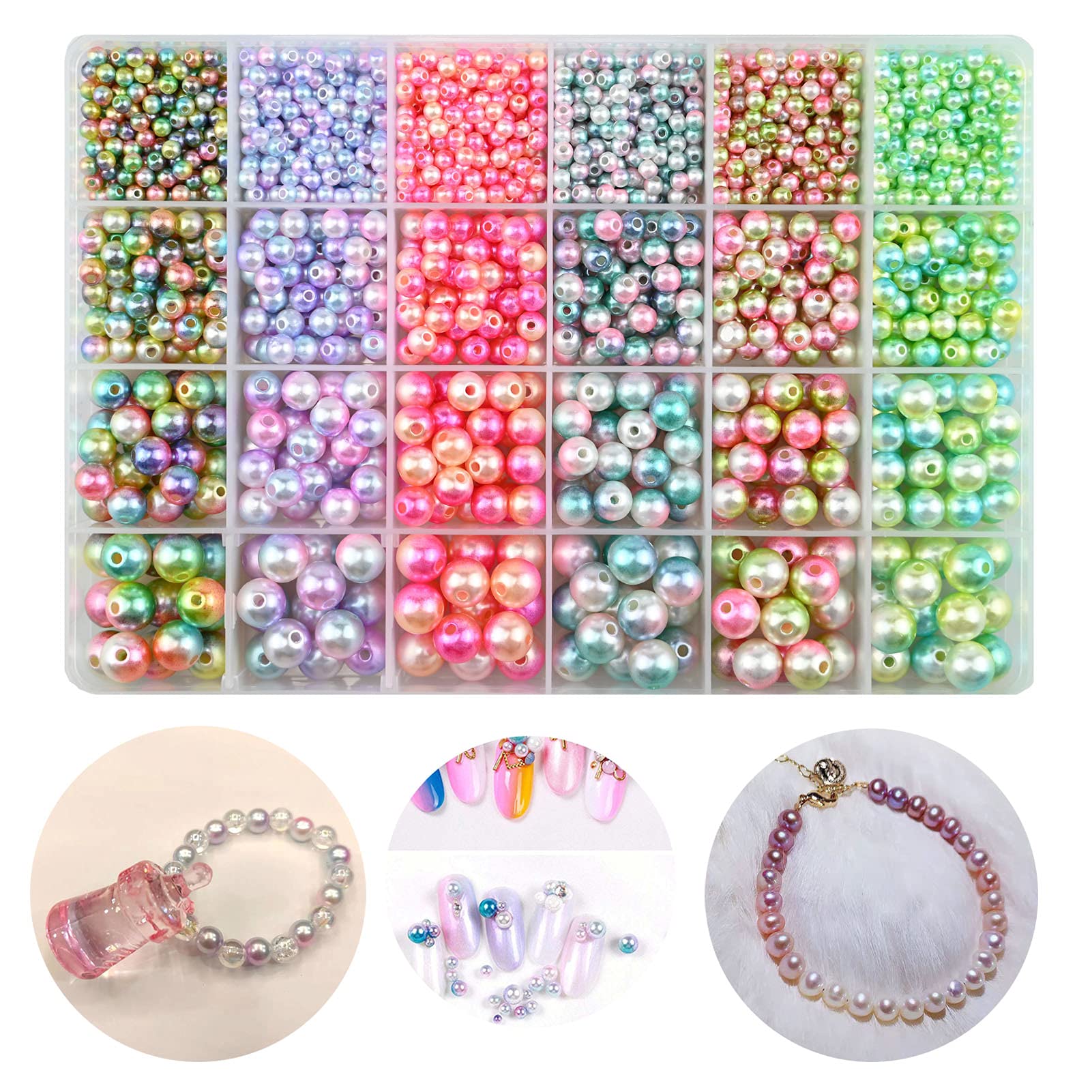 1890pcs 6 Colors Gradient Imitation Pearls Faux ABS Pearl Beads Smooth Rainbow Beads for DIY Jewelry Making Earrings Necklaces Bracelets(4/6/8/10mm Mixed)