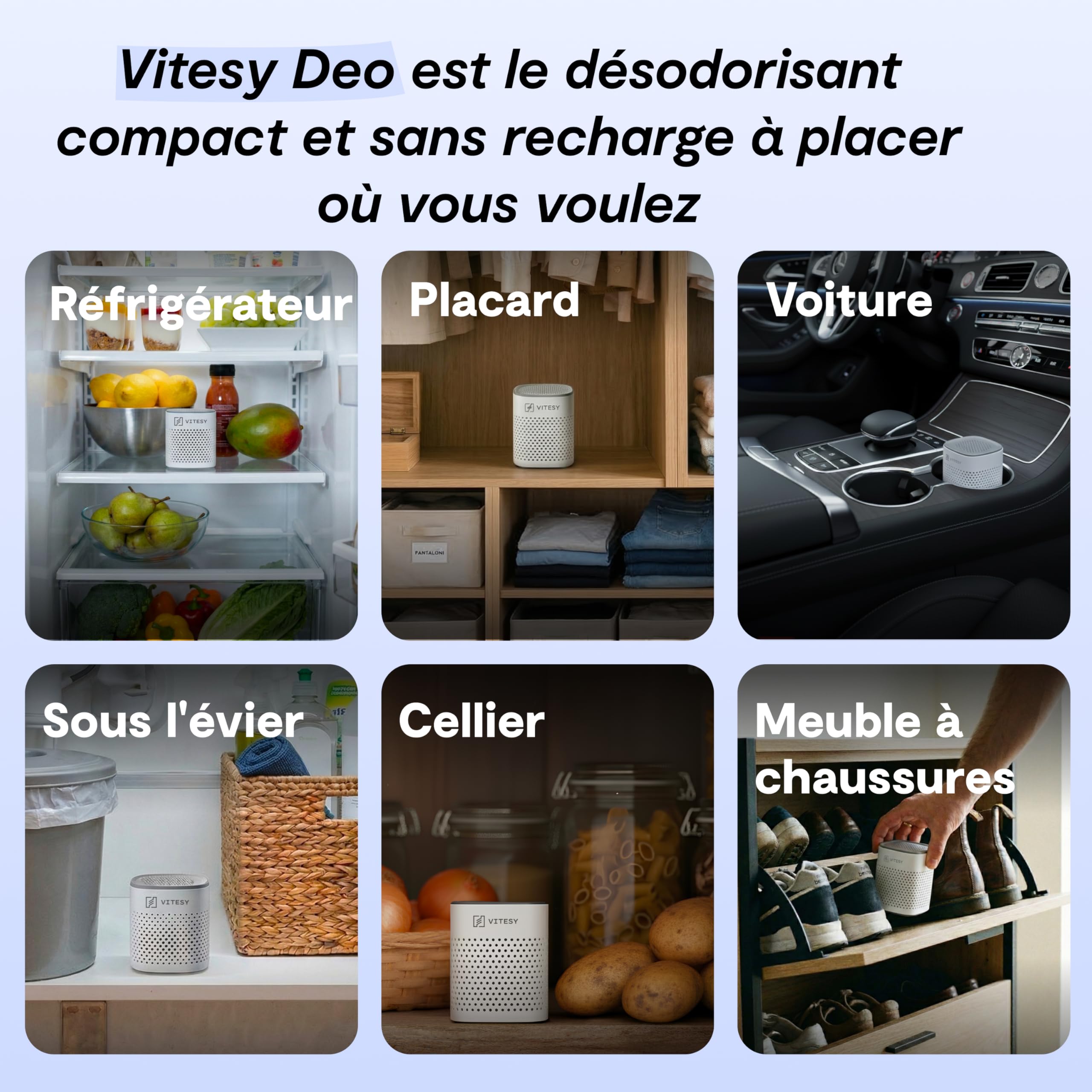 Vitesy Deo Absorbeur d'odeurs naturel pour réfrigérateur, voiture, armoire et chaussures | Élimine les odeurs sans recharge, réutilisable pendant 10 ans | Compact et portable