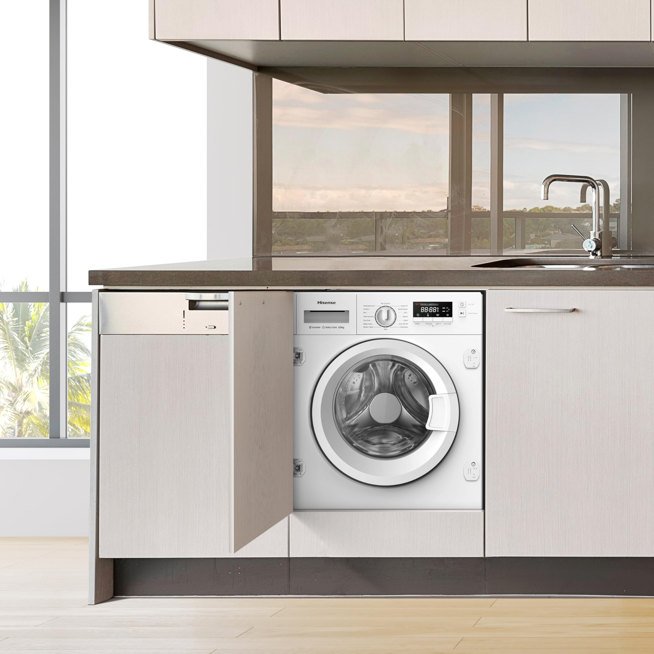 Hisense WD3M841BWIES - Lavasecadora, Clase E/B, 8kg/6 kg, Lavado Secado 1h, Pausar y Añadir, Finalización Diferida, Tecnología Inverter, Blanco
