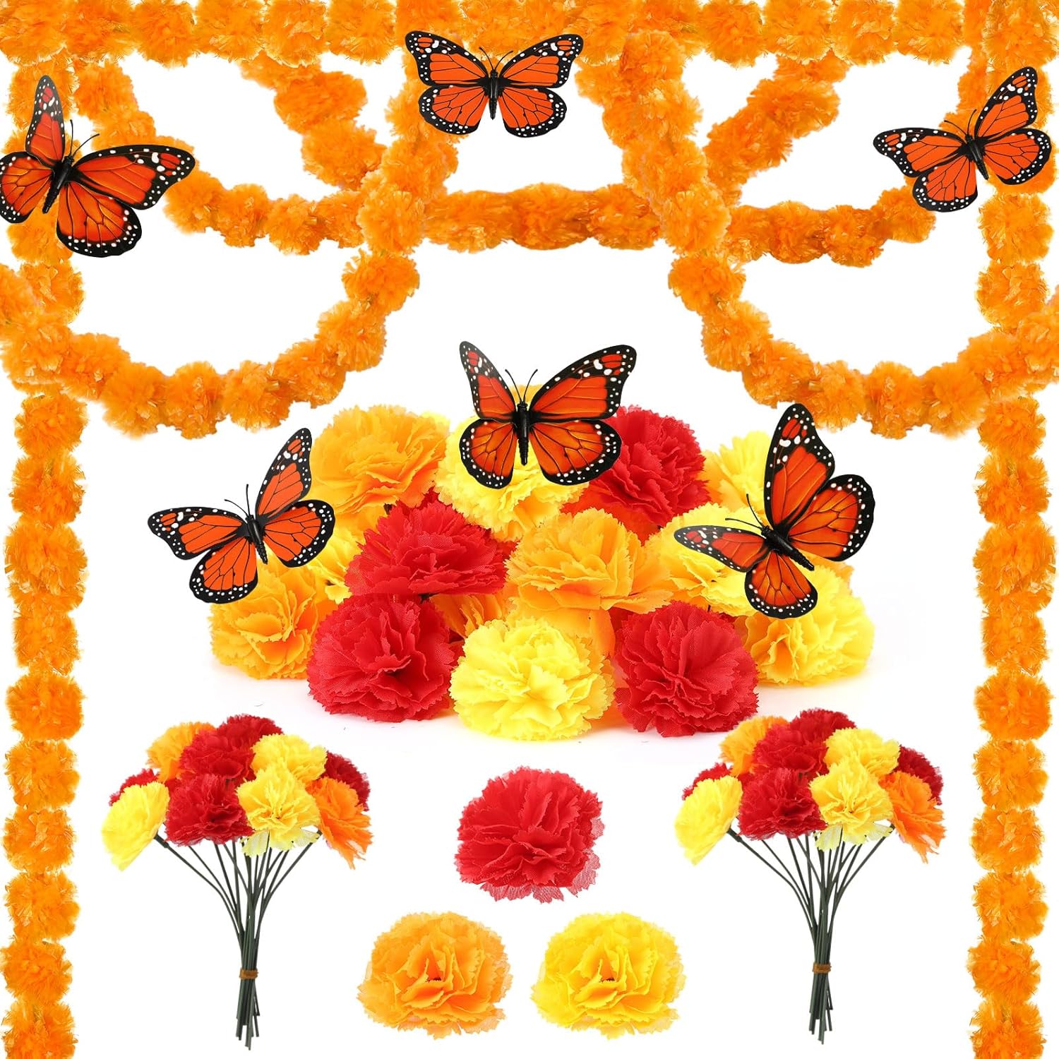 Hanaive 38 Pcs Day of the Dead Decorations Set 2 Artificial 4.9 ft Marigold Garlands, 30 Fake Marigold Flowers, 6 Monarch Butterfly Decorations for Dia De Los Muertos Ofrenda Diwali(Orange and Yellow)