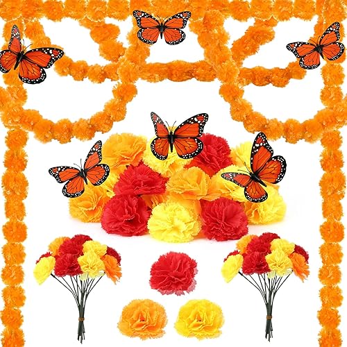 Miniatura 8 de Juego de 38 decoraciones del Día de los Muertos, 2 guirnaldas artificiales de caléndula, 30 flores falsas de caléndula con tallos, 6 decoraciones de