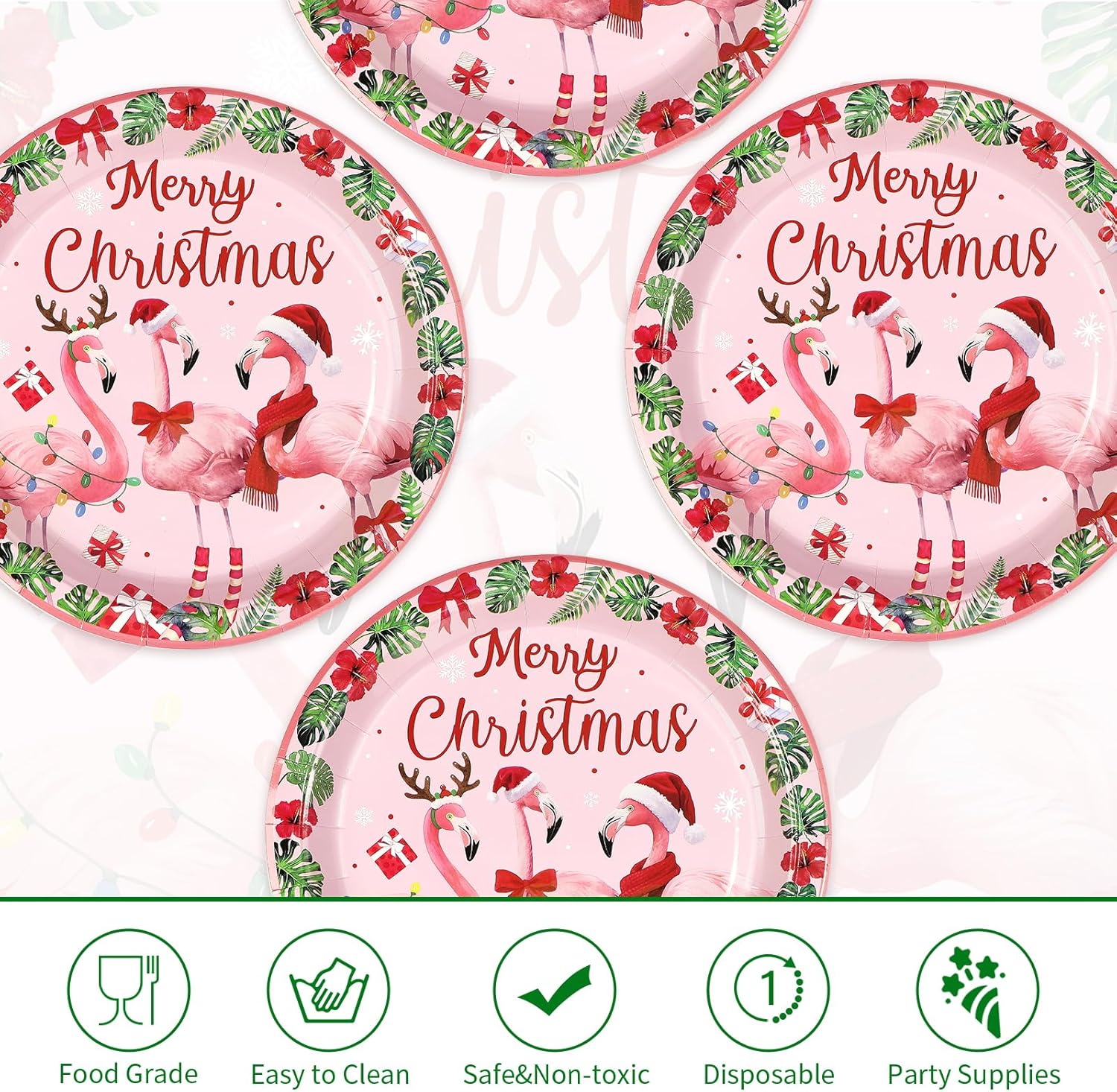 50Pcs Flamingo Christmas Paper Plates 10 Inch Hawaiian Tropical Pink Christmas Flamingo Dessert Plates Platters for Winter Xmas Hawaii Beach Holiday Birthday Baby Shower Party Supplies Decoration 50Pcs Flamingo Christmas Round Plates