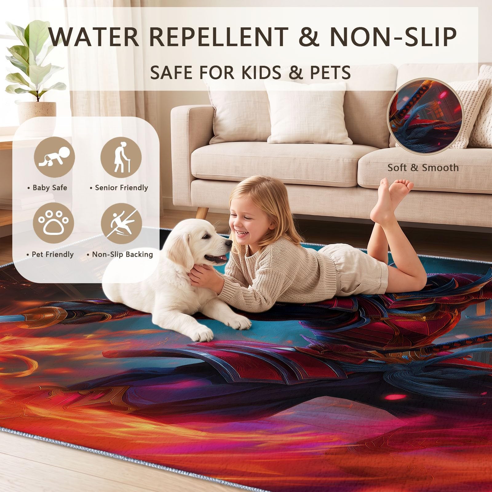 Tapis Salon Japonais Gaming 140 x 200 cm Samouraï Flamme Katana Lavable en Machine Rug | AntidéRapant Poil Ras, pour Salle de Bains, Chambre, Salle à Manger et Cuisine, Multicolore