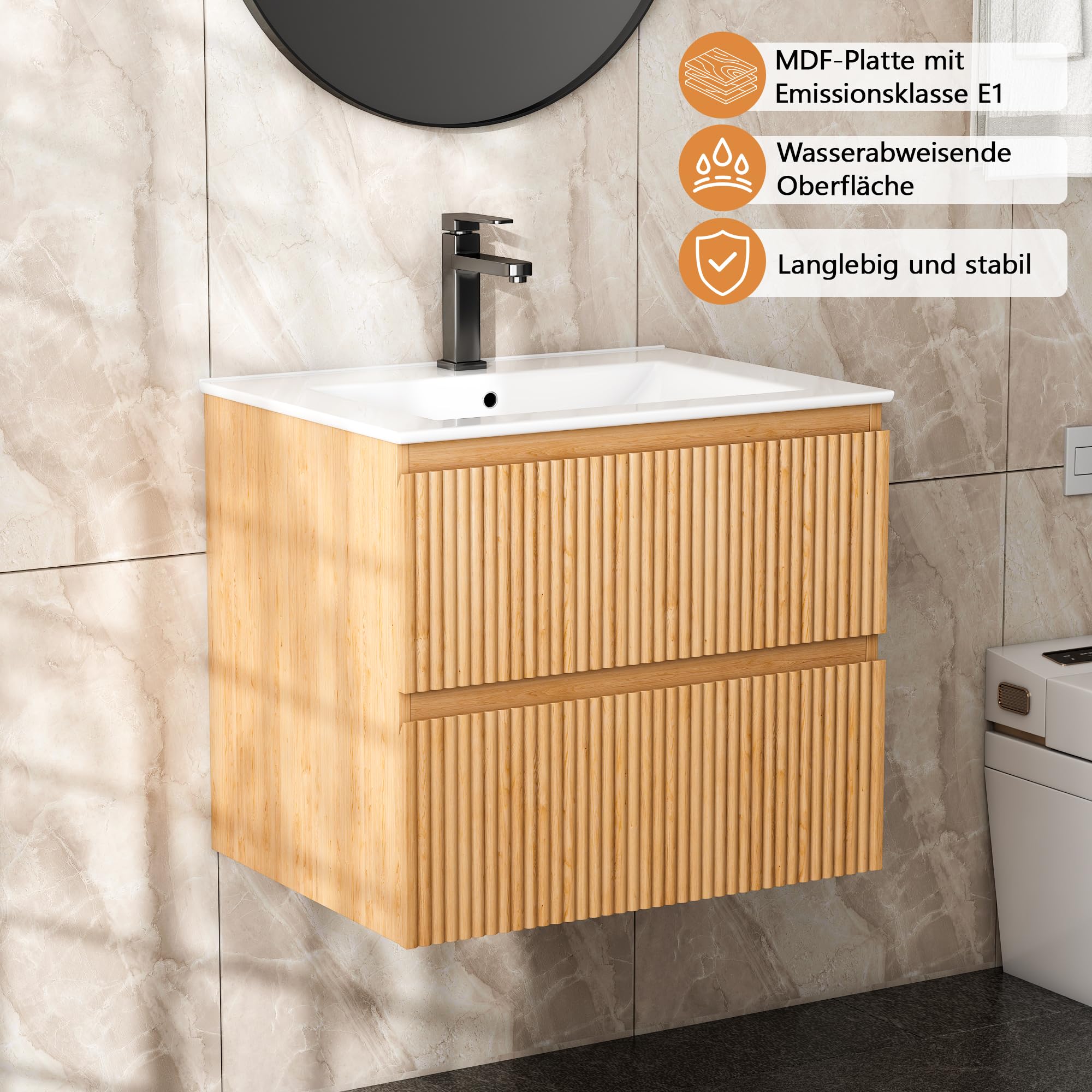 Waschtisch mit Unterschrank 60 cm, Badmöbel Set und Keramikwaschbecken, Waschbeckenunterschrank inklusive 2 Schubladen, Wandhängend, Rillendesign, Natur
