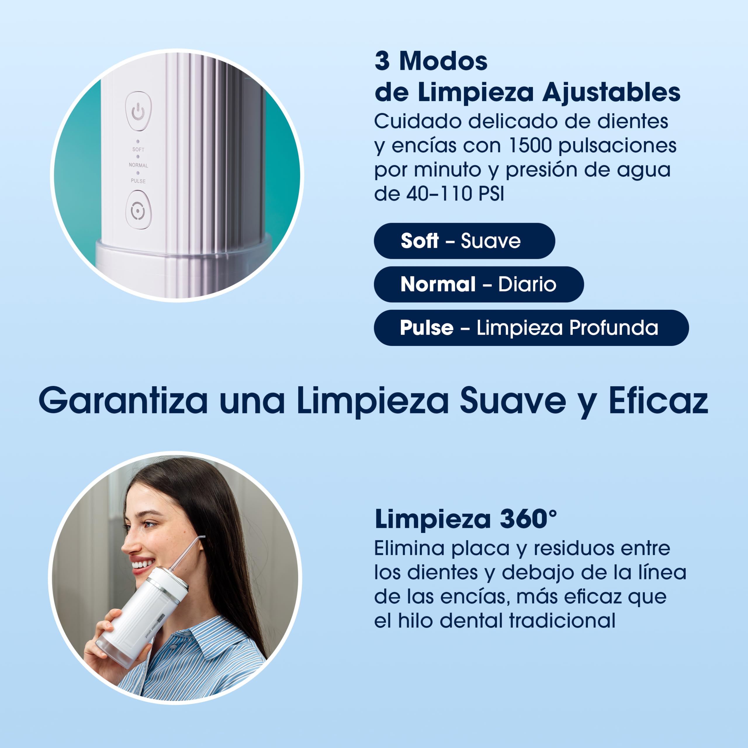 ZENT Stream+ Irrigador Bucal viaje con tecnología rotativa avanzada de 360° | Irrigador dental portatil, 3 Boquillas, Presión ajustable, Limpia quitar sarro dientes, Batería duradera, IPX7 Impermeable