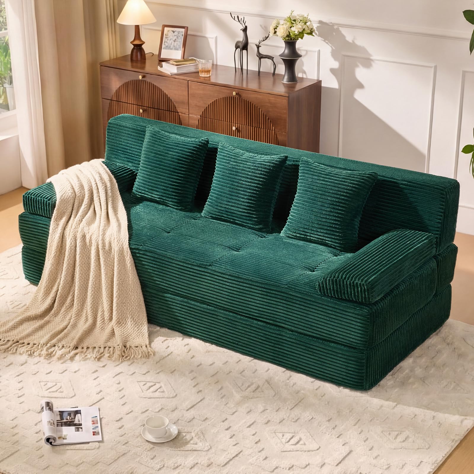 78.7in folding sofa bed - convertible sleeper sofa couch with removable pillows, 3 seater couches bed for living room, bedroom, apartment, no assembly required, freestanding, corduroy, green