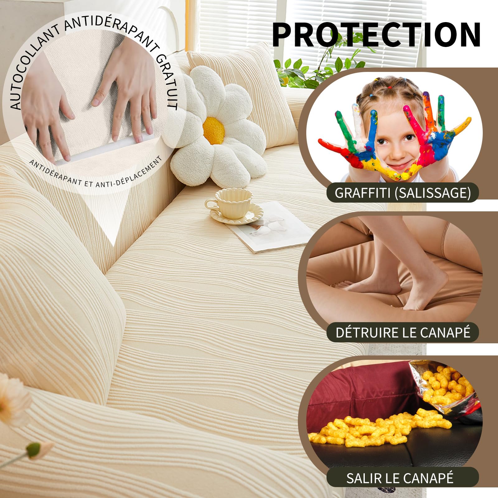 Housse Canape Extensible, Tissu Velours Jacquard Épaissi Housse de Canapé, Antidérapante, Protection Canapé pour Chien Animaux Domestiques, Lavable en Machine (3 siège, Beige)