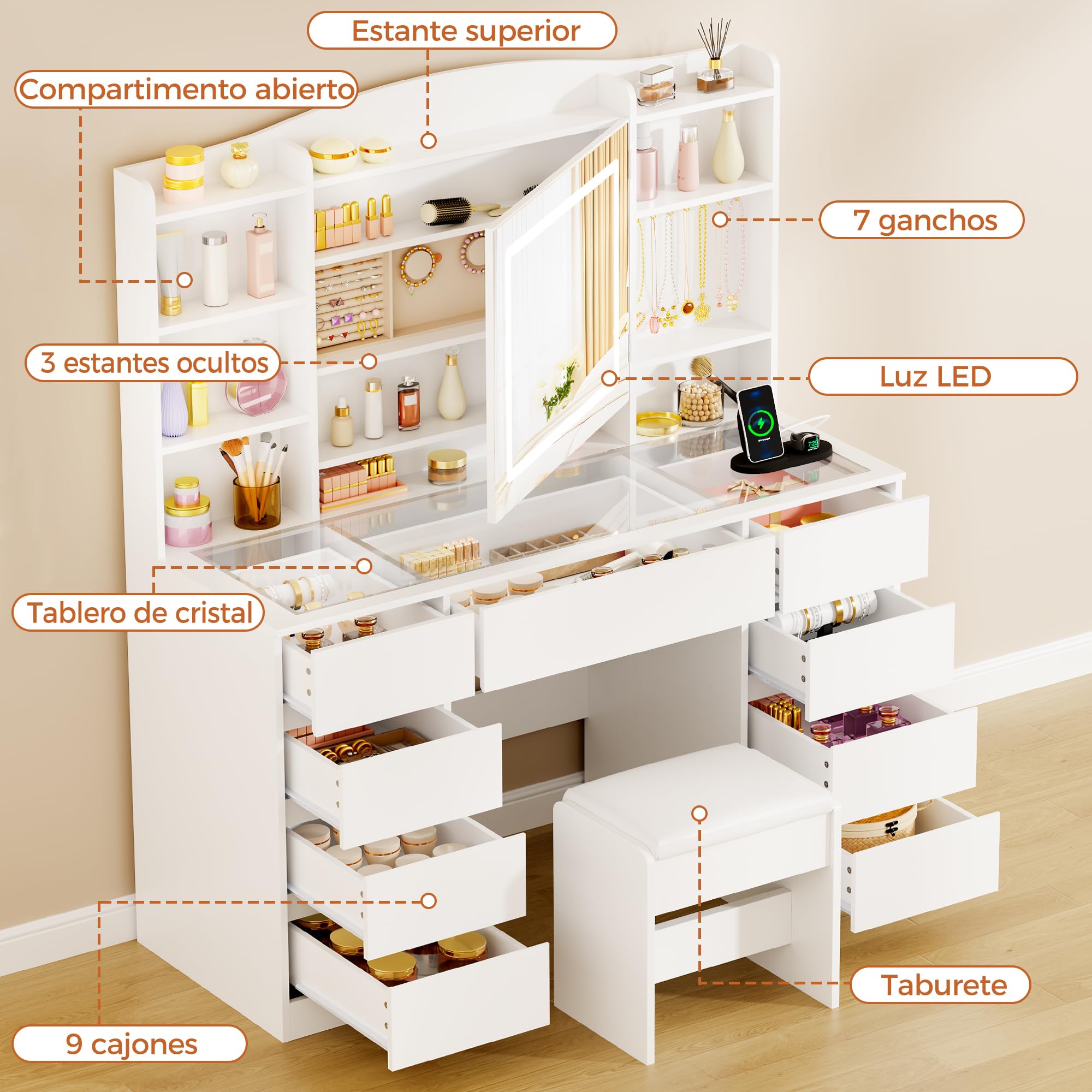 ANWBROAD Tocador Grande con Luz LED Regulables y Enchufes, Tapa de Vidrio | Tocador de Maquillaje con Almacenamiento para Joyas, Mesa de Maquillaje con 9 Cajones 7 Estantes Abiertos Blanco BDT21W