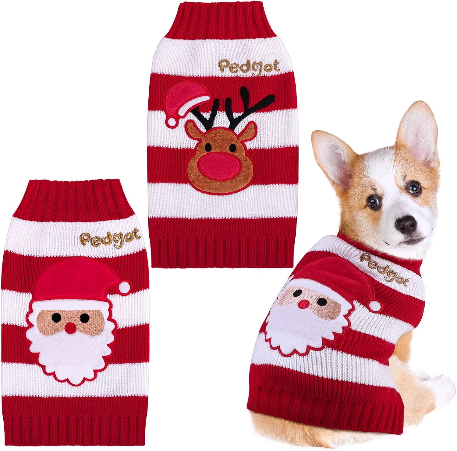Pedgot 2 Pack Pet Christmas Sweaters Dog Holiday Sweater with Reindeer and Santa, Puppy Clothing Red and White Striped Pet Winter…